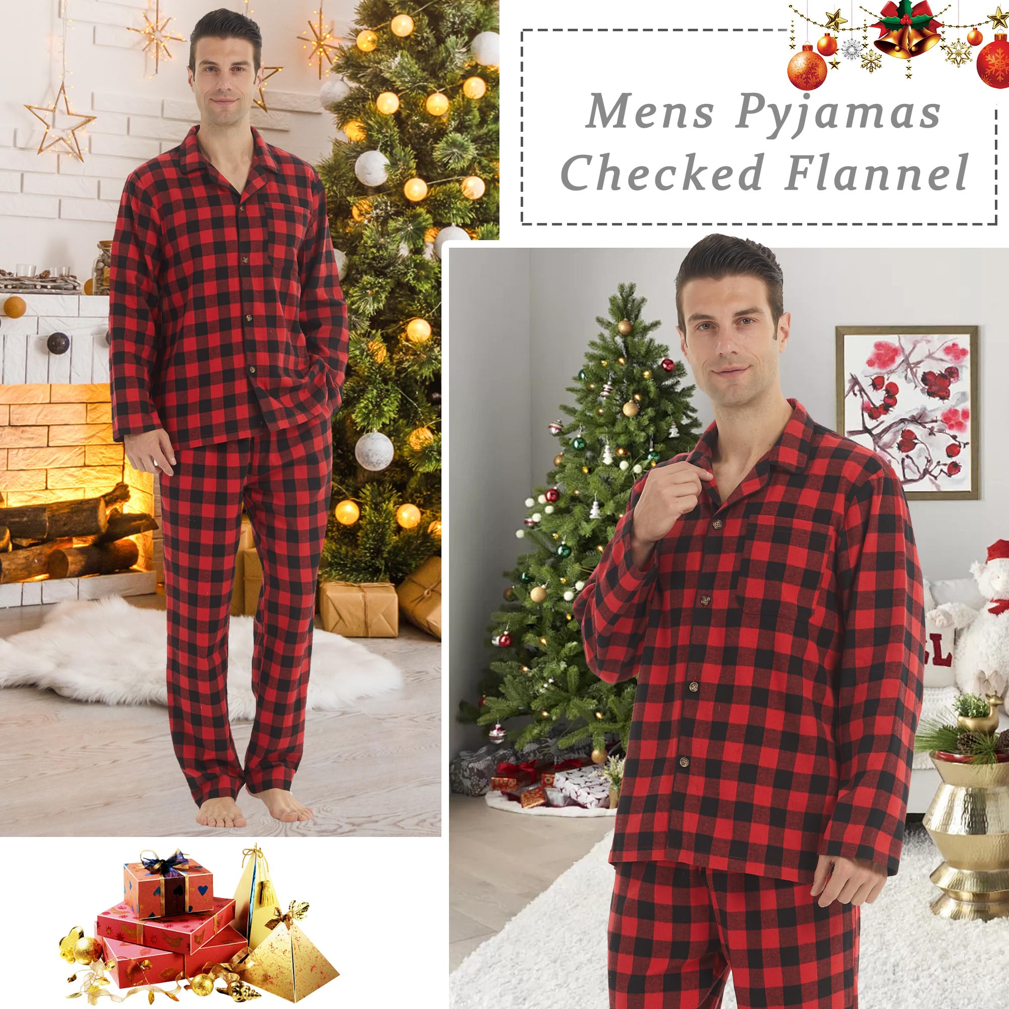 Conjunto de pijama de franela para hombre, de algodón, a cuadros, con bolsillo, manga larga, parte superior e inferior, ropa de dormir suave para invierno