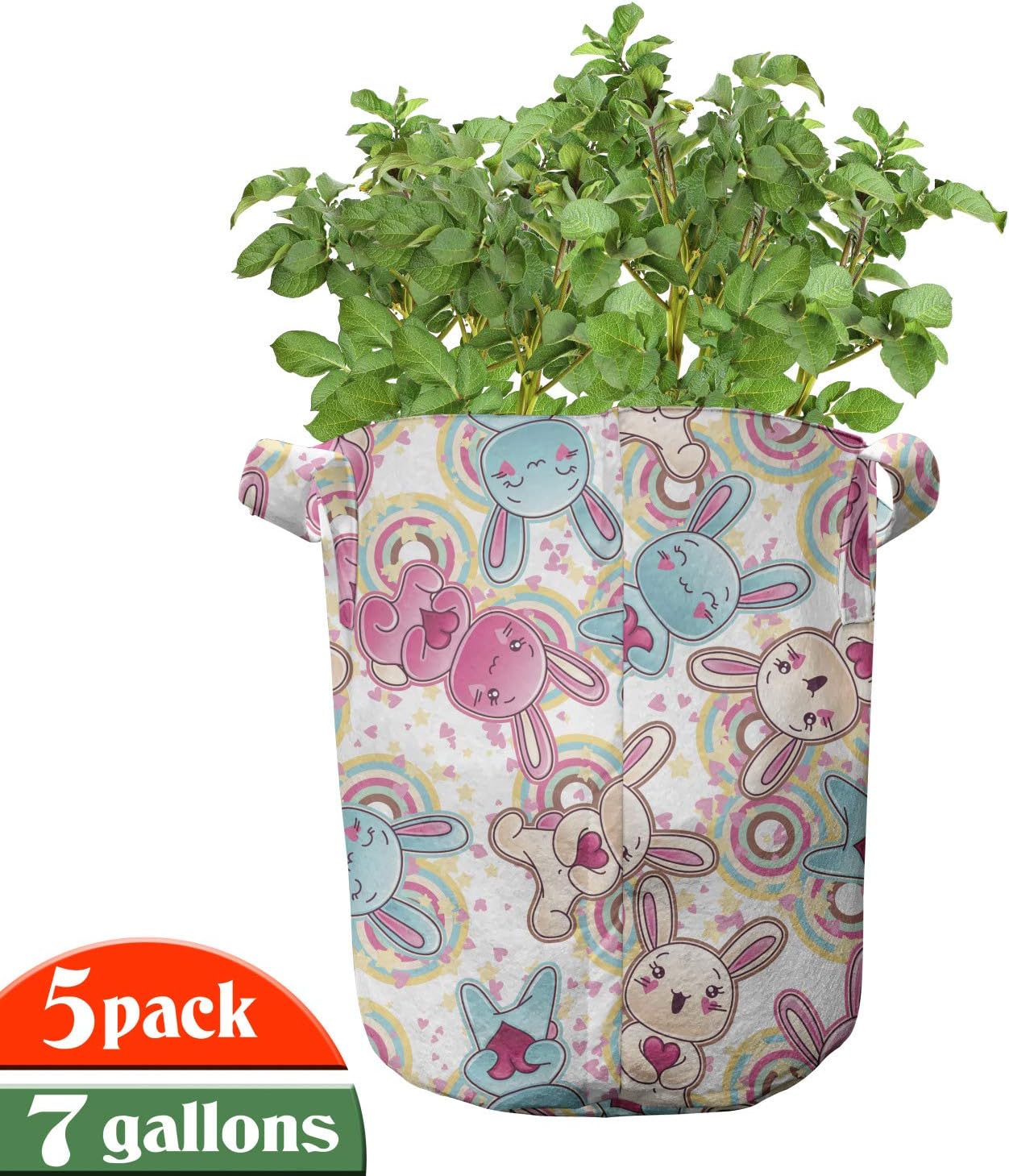 Ambesonne Anime Grow Bags 5-Pack, Colorful Happy Kawaii, Heavyduty Fabric Pots with Handles for Plants, 7 Gallon, Multicolor
