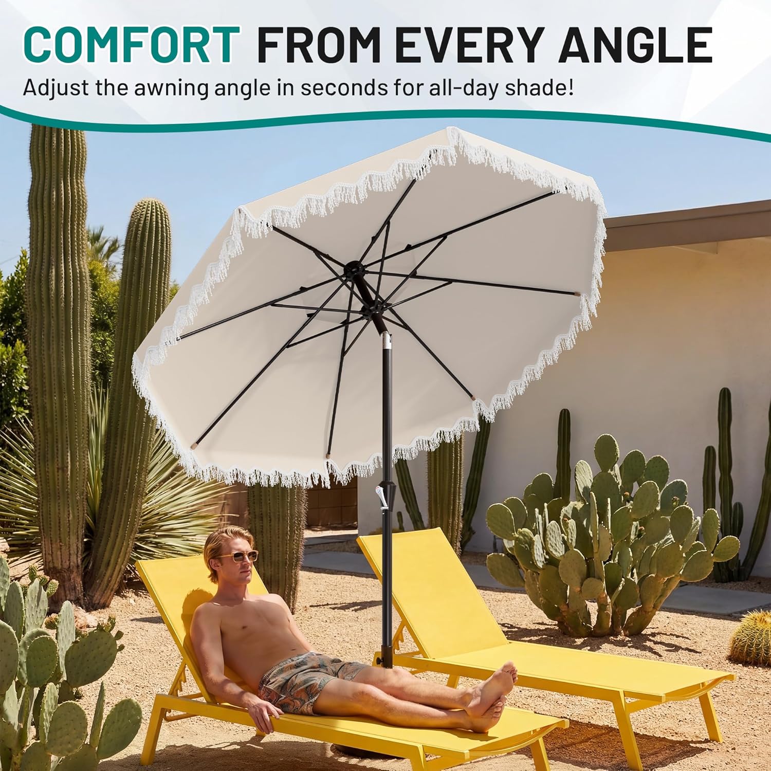 AreShark 9FT Patio Umbrella with Fringe, Wind-Resistant Fiberglass 8 Ribs Tassel Outdoor Umbrella with Crank and Push Button Tilt, Double Tier Vent Sun Shade for Pool, Deck, Backyard, Off-White