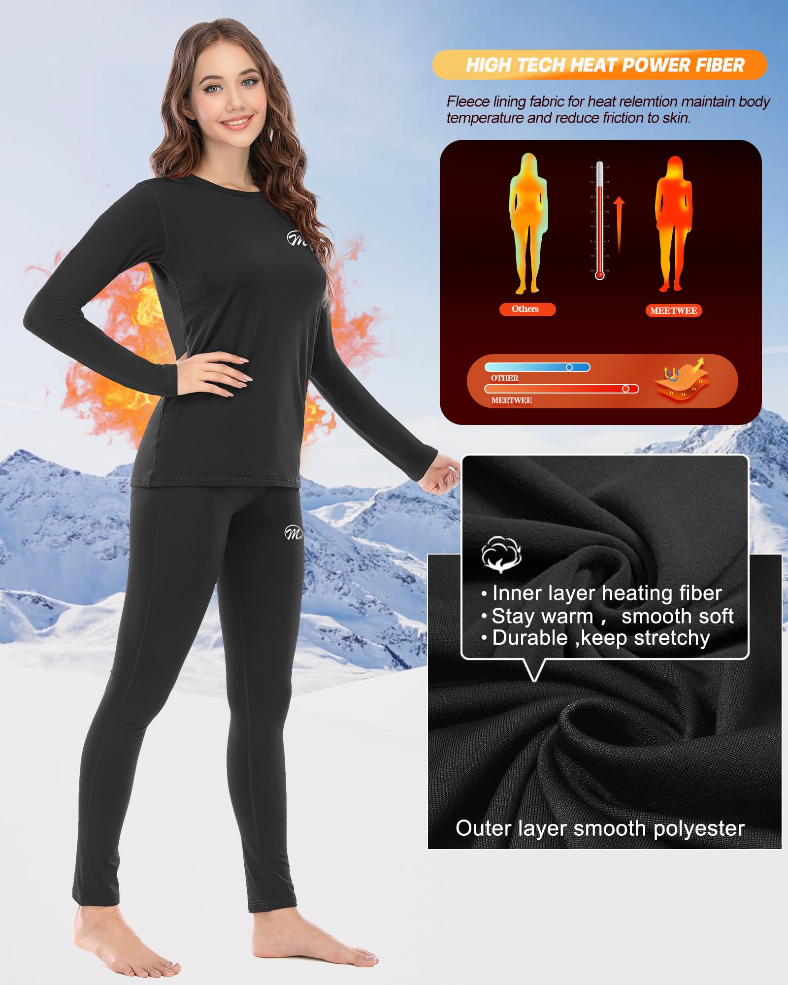 MEETWEE Ensemble de sous-vêtement Thermique Femme, Doublure Laine Polaire Chaud Manches Longues séchage Rapide Respirant pour Ski Voyages Running