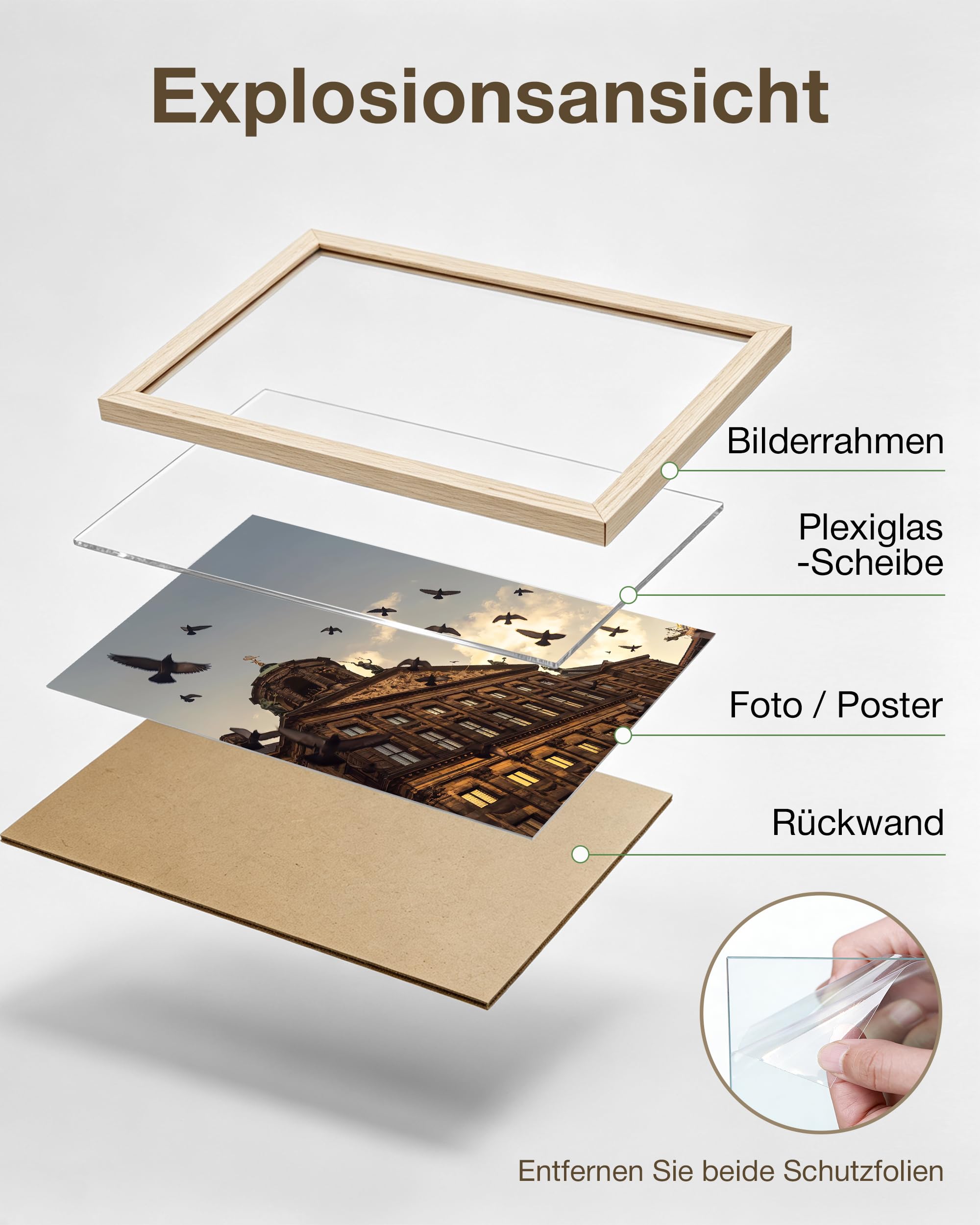Bilderrahmen 50x70 cm aus MDF，Eiche Natur mit Acrylglas-Front, 4er-Set, Picture Frame für Fotos,Poster，Wohnzimmer