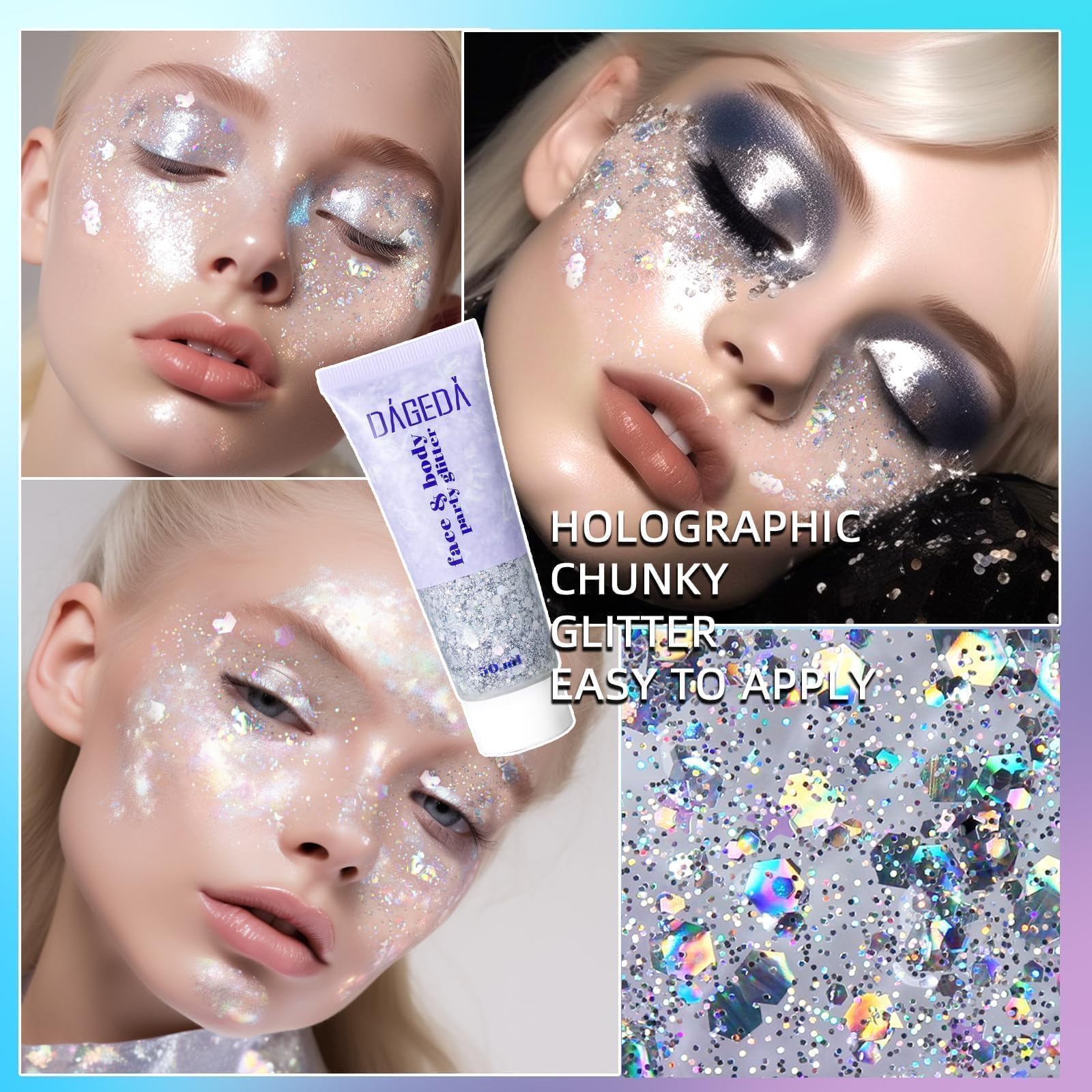 Prreal Body Glitter Gel 50ml, Face Glitters Body Gel Sequins Shimmer Liquid Eyeshadow, Chunky Glitter for Face Hair Nails, Holographic Cosmetic Laser Powder Festival Glitter Makeup(05 Silver)