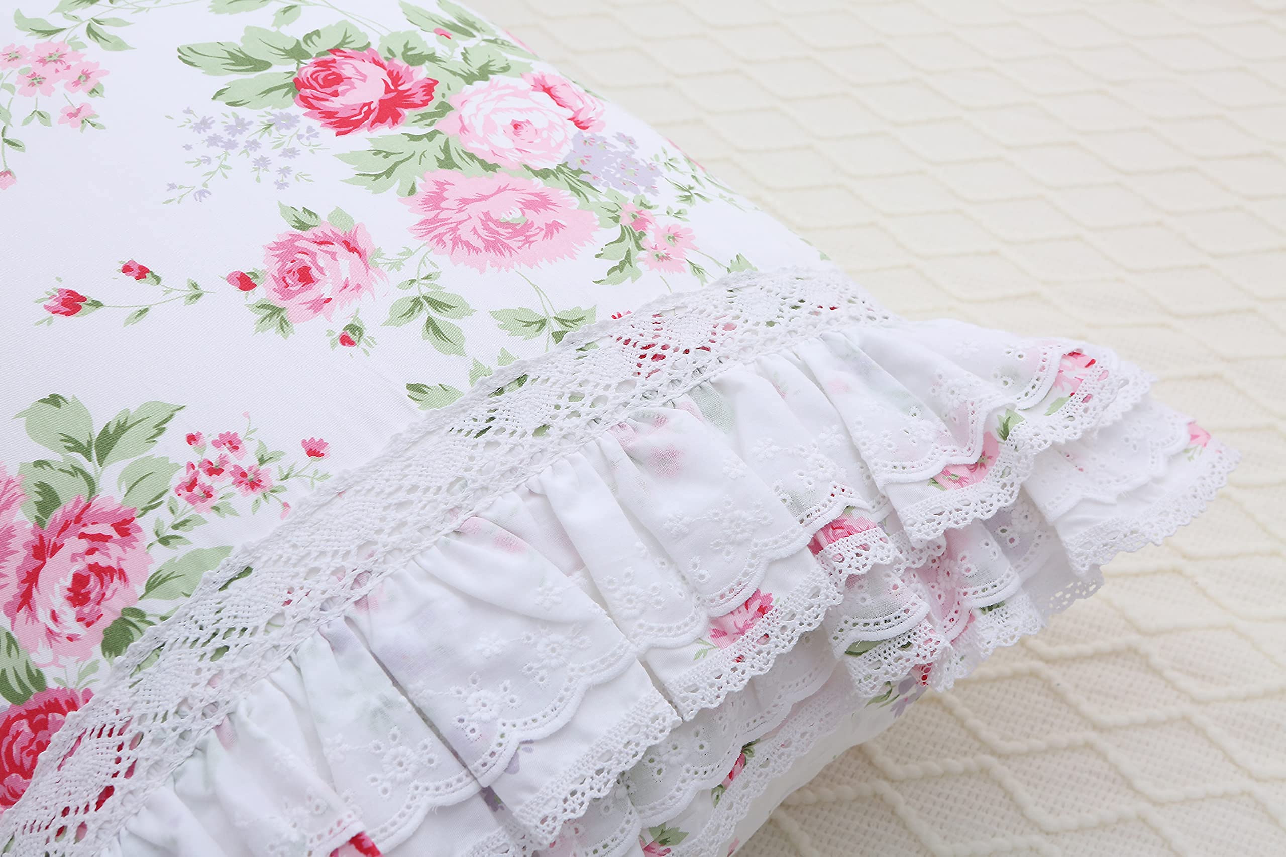Fundas de almohada decorativas con diseño floral de rosas para cama con encaje y volantes, fundas de almohada de algodón lujosas, tamaño King, 50 x 91 cm, 2 unidades