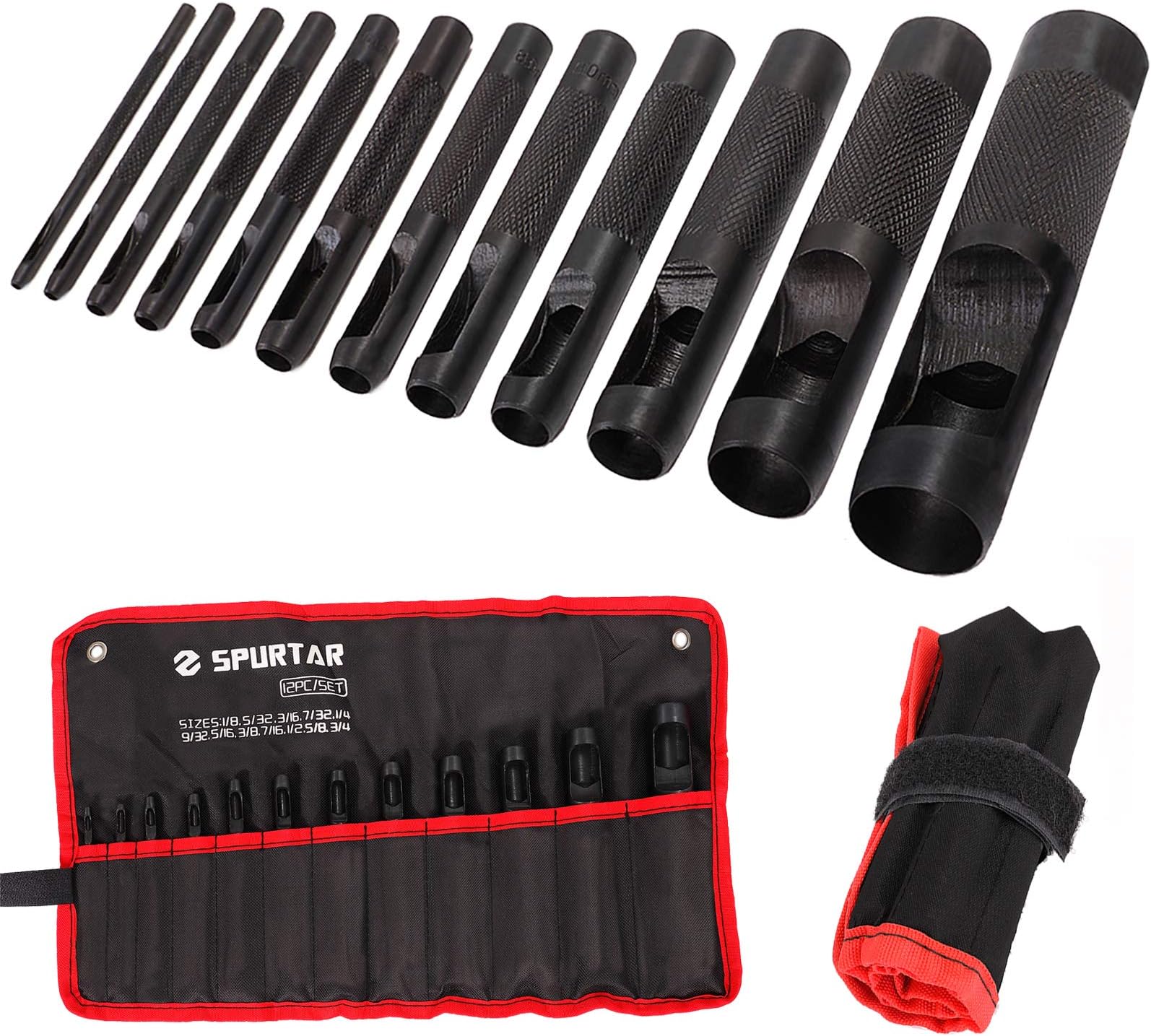 Hollow Punch Set 12 Pieces 1/8"- 3/4" Heavy Duty Carbon Steel Round Leather Hole Tool Leather Punch Set Kit for Watch Cloth Belt Gaskets with Storage Bag (Black)