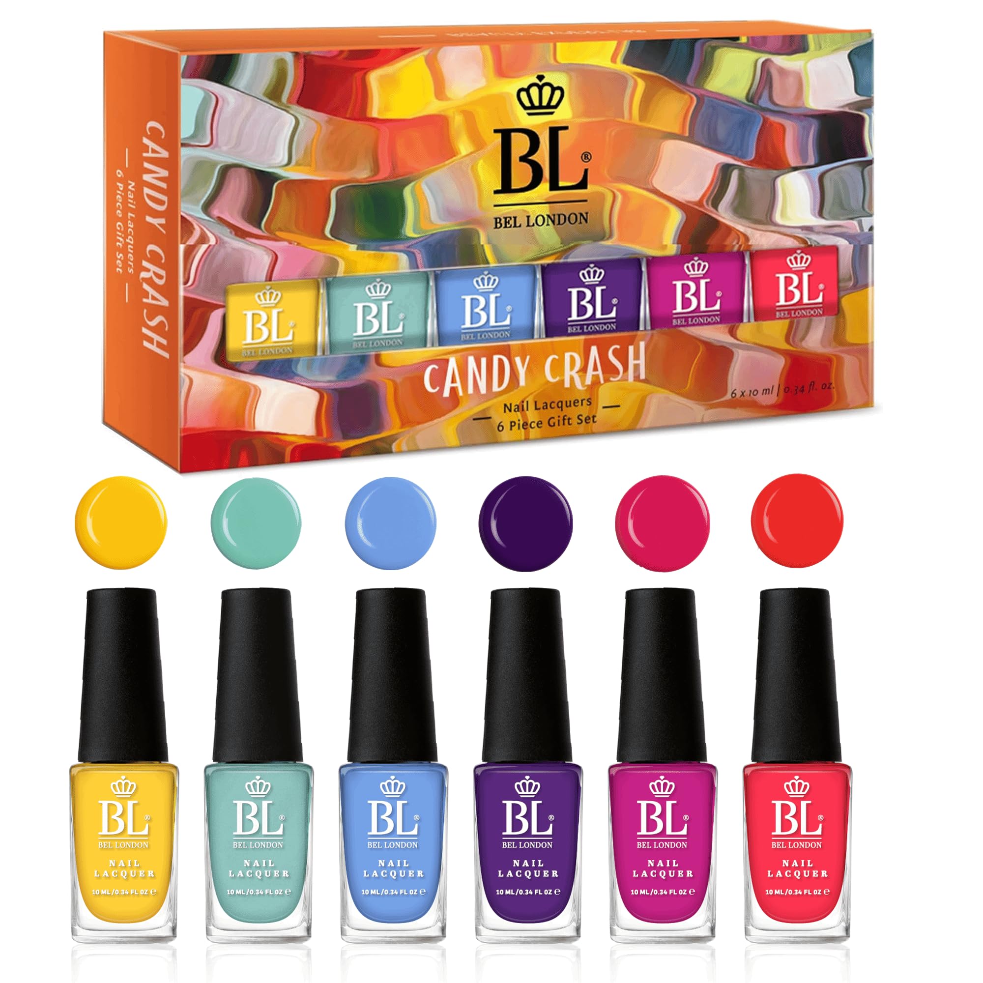 BEL London Candy Crash Nail Polish Set - 6-Colour Rainbow Nail Polish Set with Bright Colours, No Chip, Long-Lasting, Quick Dry Nail Varnish Sets - Salon-Quality Nail Polish Gift for Women