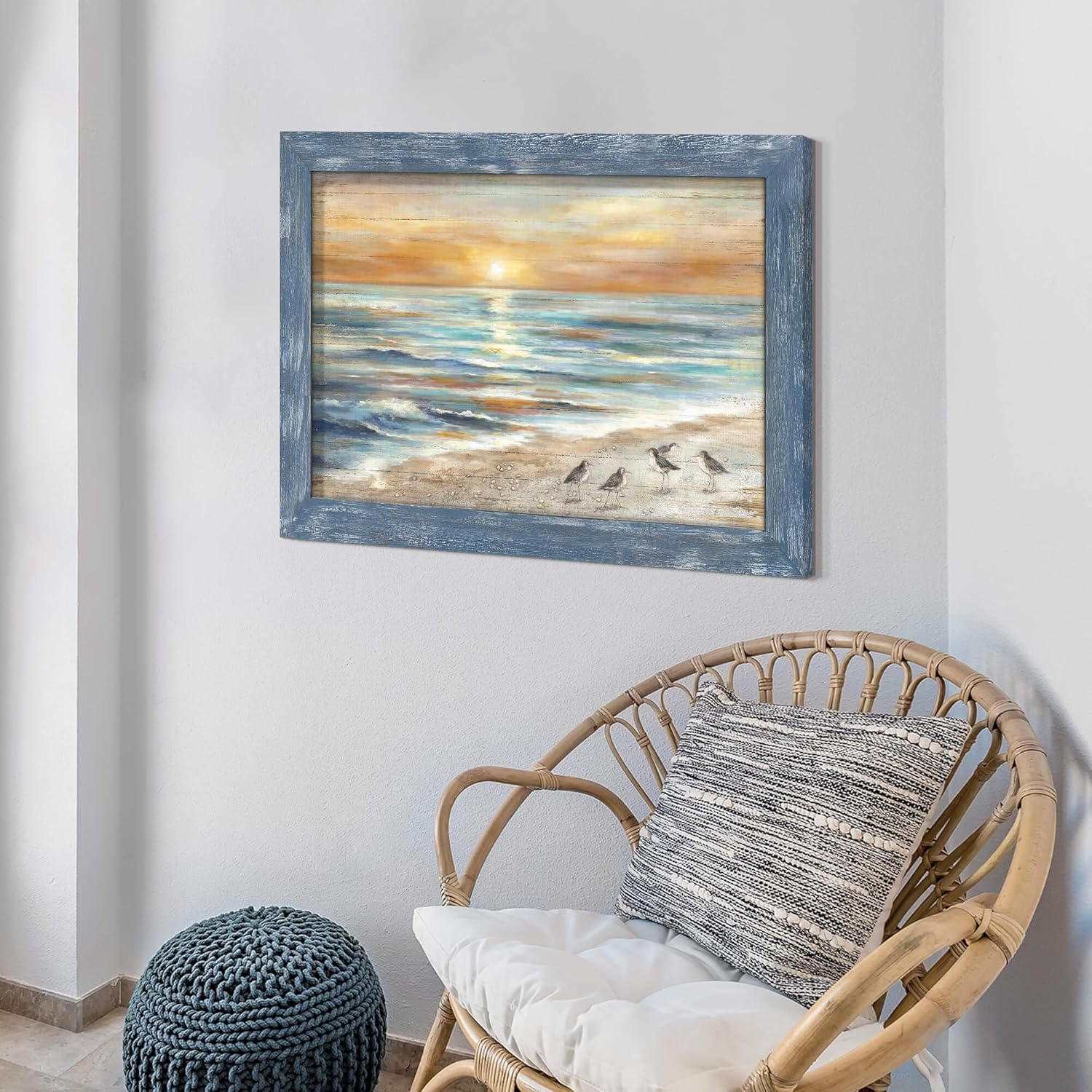 Framed Sunset Ocean Wall Art: Modern Coastal Sea Birds Wooden Painting Rustic Dusk Beach Sandpiper Artwork Calming Seascape Nature Picture Seaside Seagulls Prints for Bedroom Bathroom Living Room