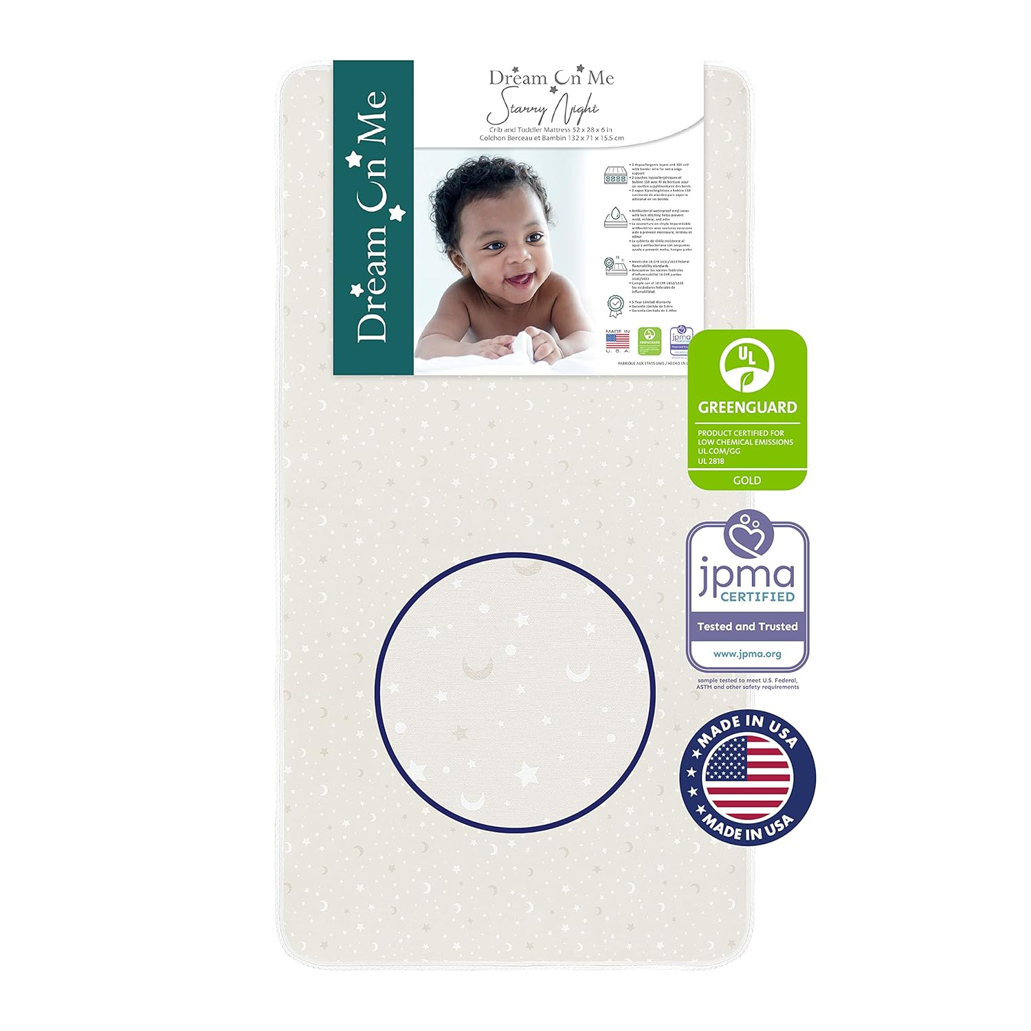 Dream On Me Starry Night 150" Continuous Coil Inner Spring Crib and Toddler Bed Mattress, Grey Stars Waterproof Vinyl Cover | Greenguard Gold and JPMA Certified | Maximum Support and Safety : Baby