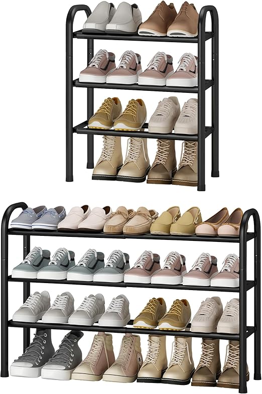 STO STO Expandable Shoe Rack, 3-Tier Metal Small Shoe Rack for Closet, Up to 16 Pairs Adjustable Shoe Rack Storage for Front Door Entrance, Free Standing Shoe Rack Organizer for Entryway, Black