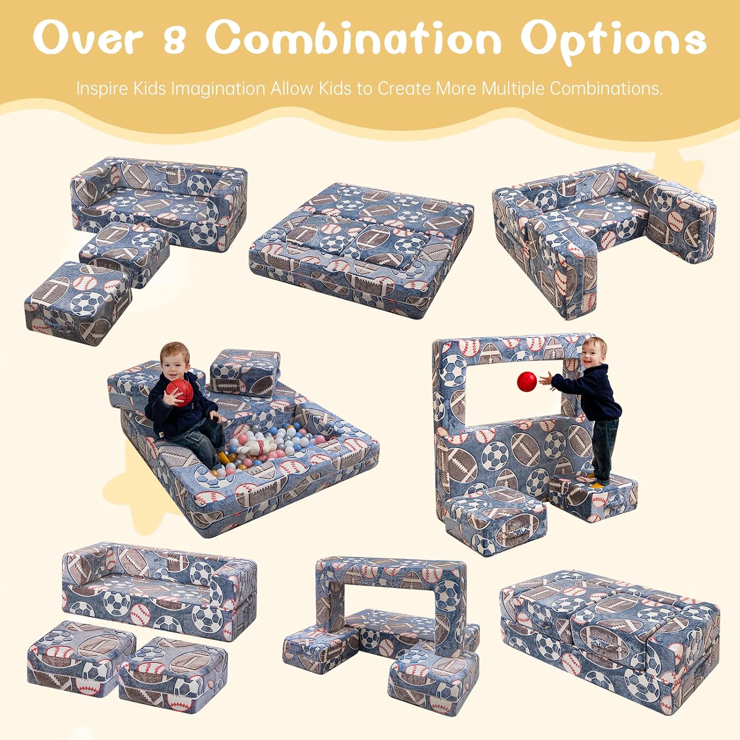 Modular Kids Play Couch, Glow in Dark Kids Sofa, Child Sectional Sofa, Toddler Play Couch Fold Out Kid Sofa for Playroom Bedroom, Convertible Foam and Floor Cushion for Boys and Girls, Ball - Image 7