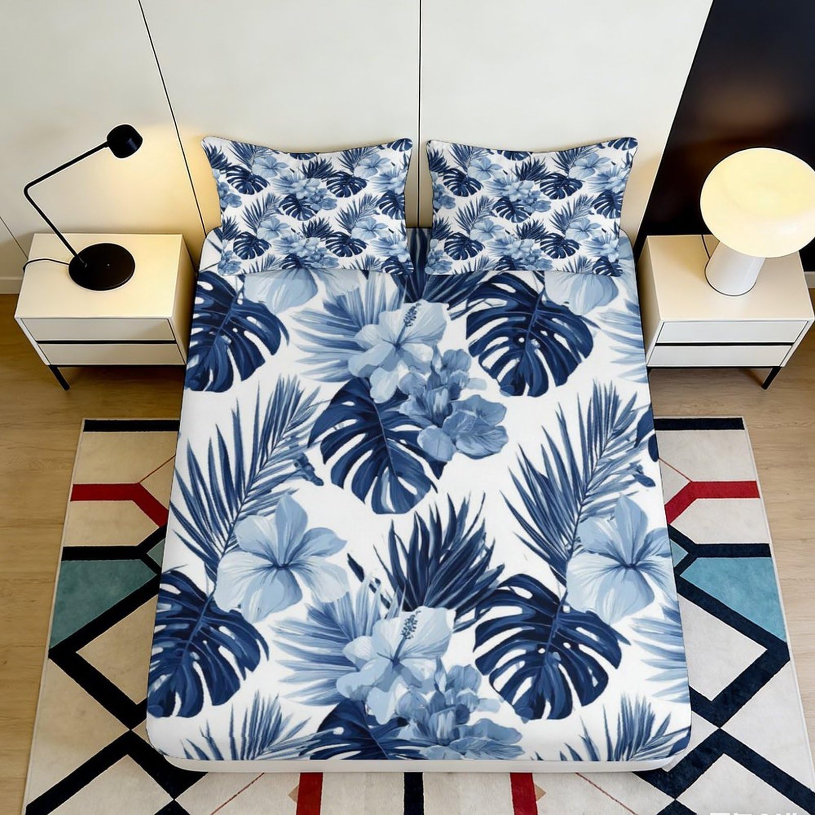 3D Printed Tropical Leaf Fitted Sheet Microfiber Deep Pocket Bedroom Bedding Non-Slip Tropical Leaf Mattress Fitted Cover Full Wrap 200x200x25cm