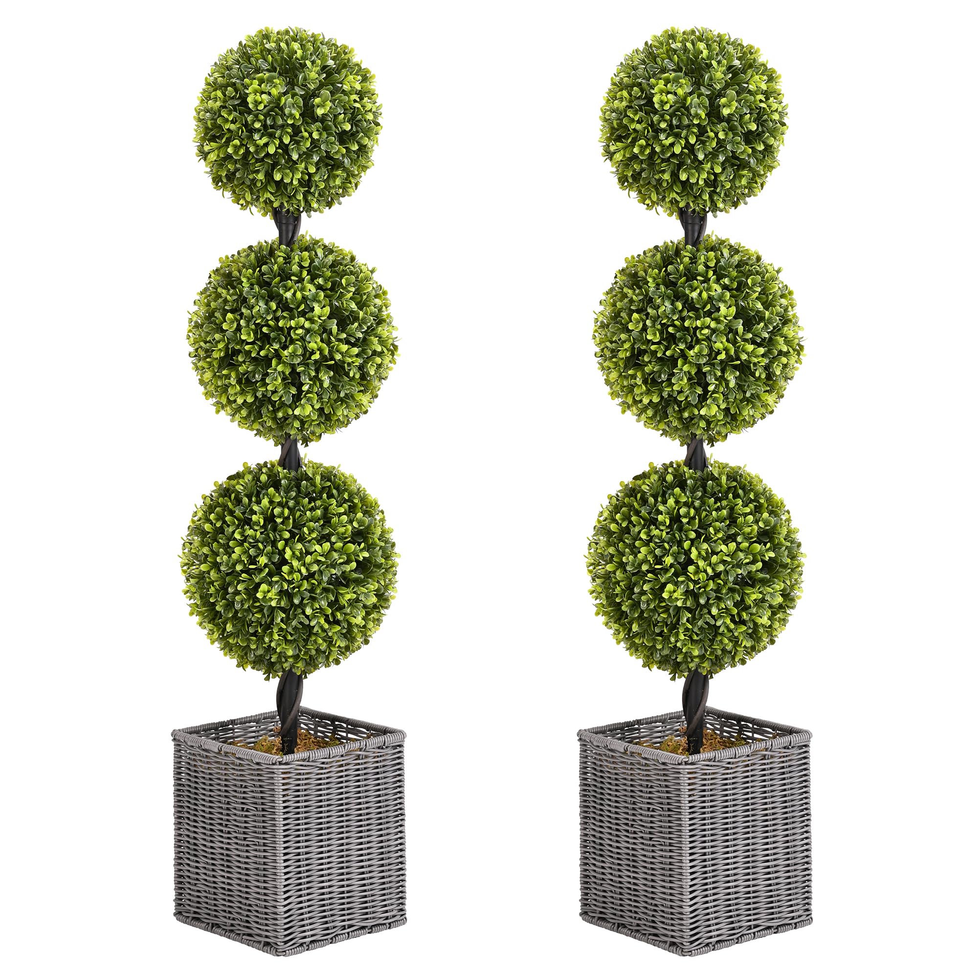 Ball Topiary Boxwood Artificial Tree Set of 2, 3FT Artificial Topiary Tree Outdoor Plant, 36'' Potted Boxwood Tree Topiary Faux Plant Shrub Front Door Plants Decoration for Home Office