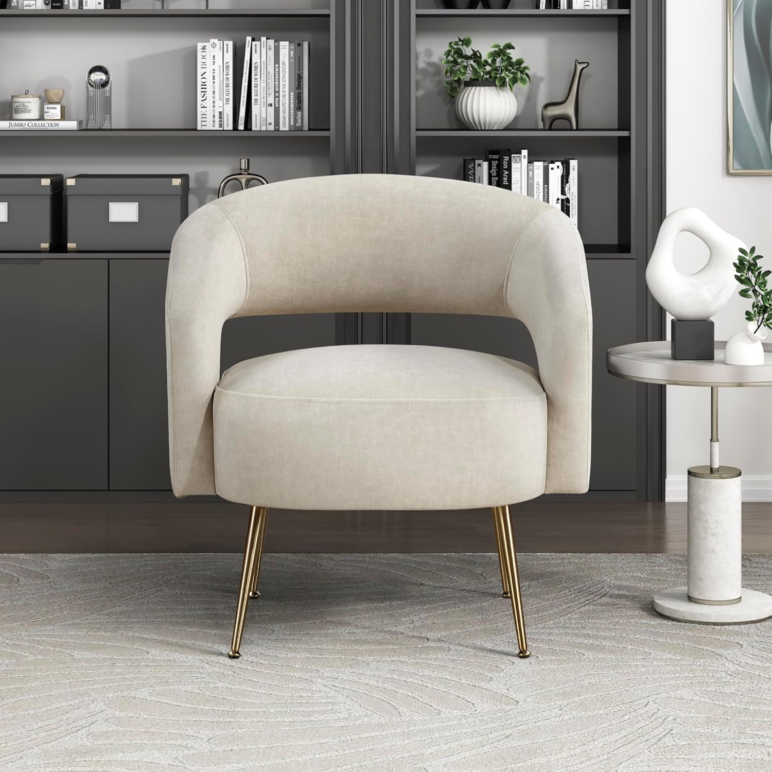 Lexicon Mid-Century Modern Velvet Accent Chair with Open Back, Gold Metal Legs, Upholstered Curved Barrel Armchair for Living Room/Bedroom/Office, Easy Assembly, Taupe
