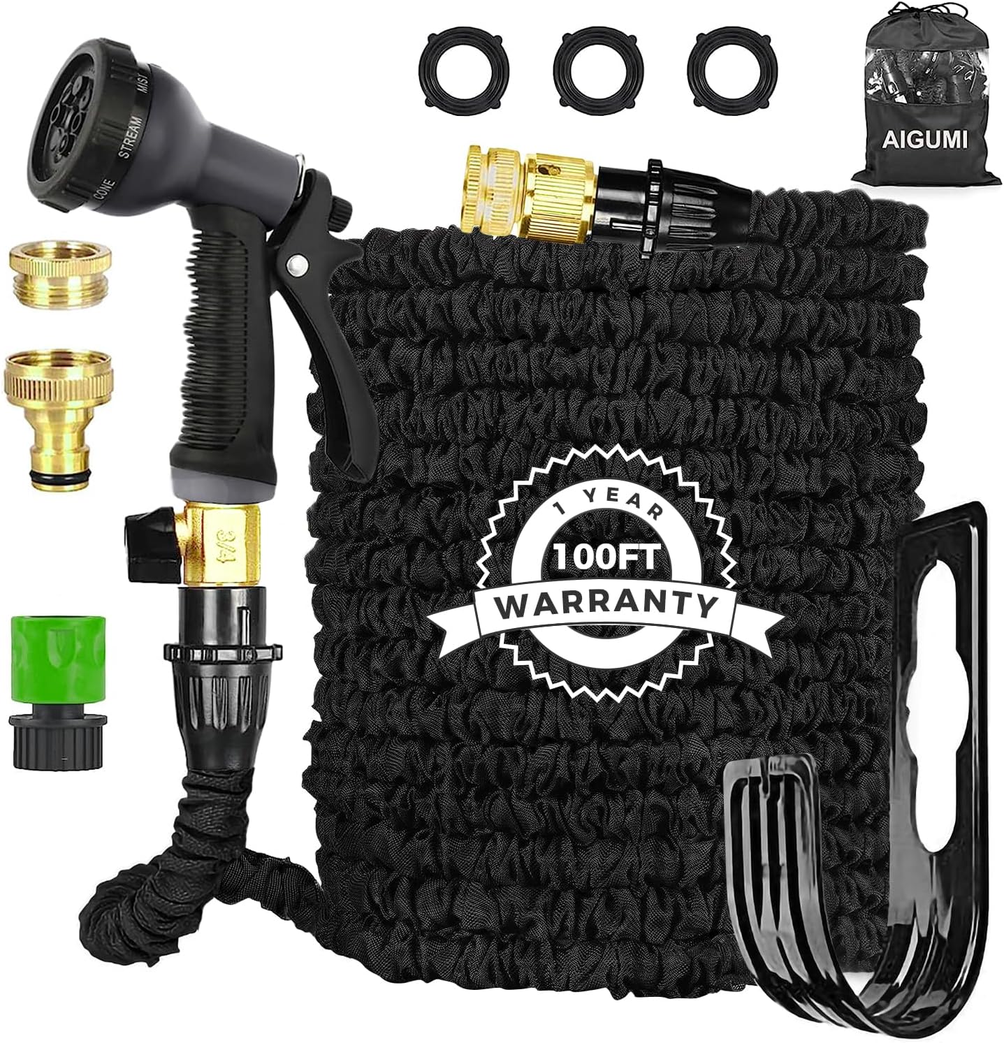 AIGUMI Flexible Hose Pipe,100FT Expandable Hose Pipe Expanding Garden Hose with 8-Function nozzles/Brass Connector/Storage Bag/Hose Set, Garden Hose for Garden, Home, Car Cleaning