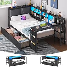 Single Bed 90 x 200 cm with Sockets, Desk, 2 Drawers, LED, Reversible