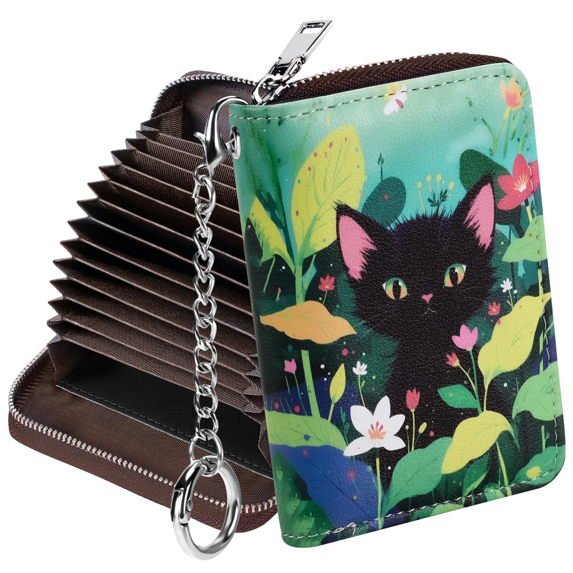 Mayski Credit Card Holder, Zipper Credit Card Wallet for Women, Small Accordion Card Cases Holder, KeyChain Wallet, Business Card Holder, Cat