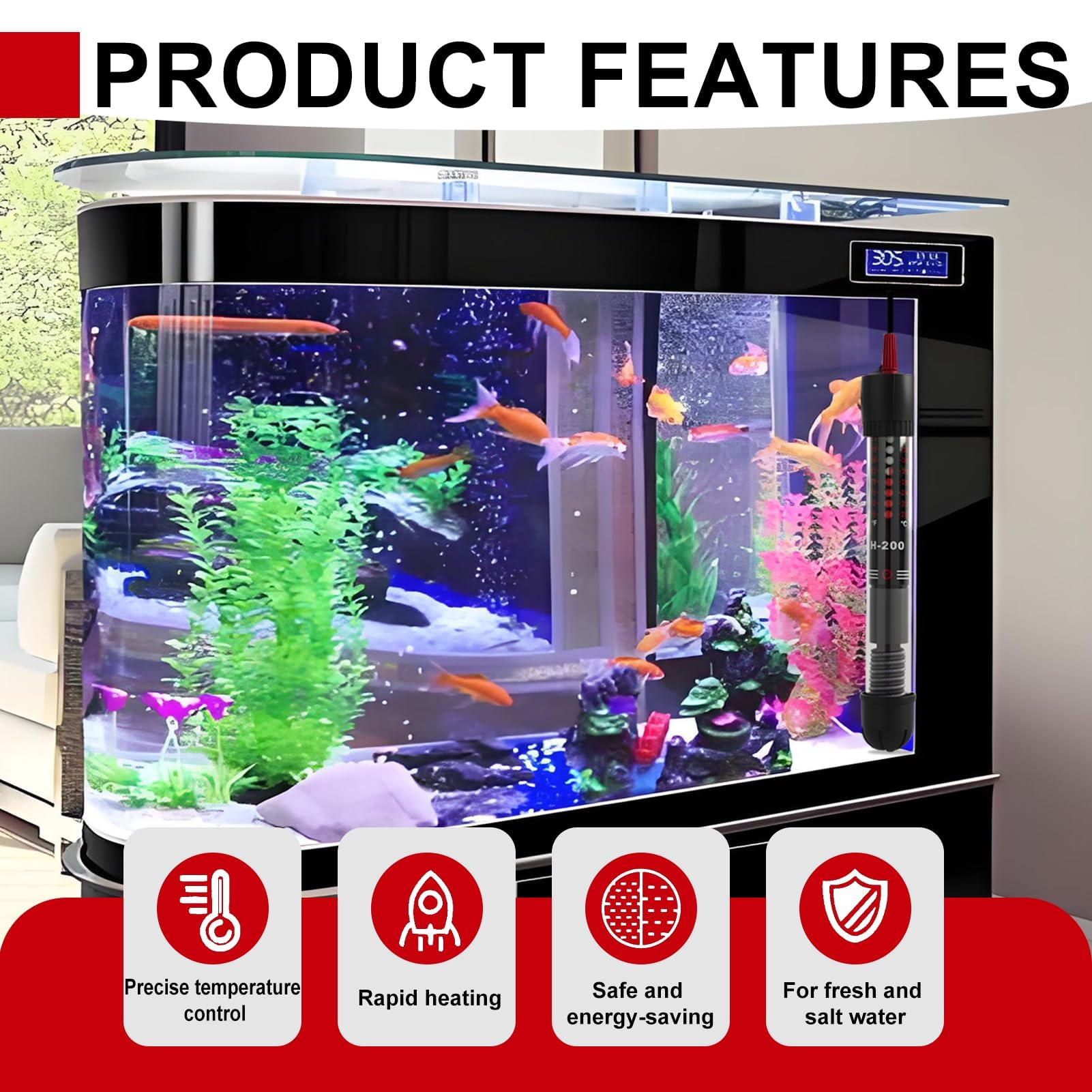 Puissant Chauffage d’Aquarium Submersible 50W avec Thermostat Réglable 20-34℃ pour Poissons et Tortues, Compact et Sécurisé avec Ventouse, Verre de Quartz Résistant pour Réservoirs 10L à 60L