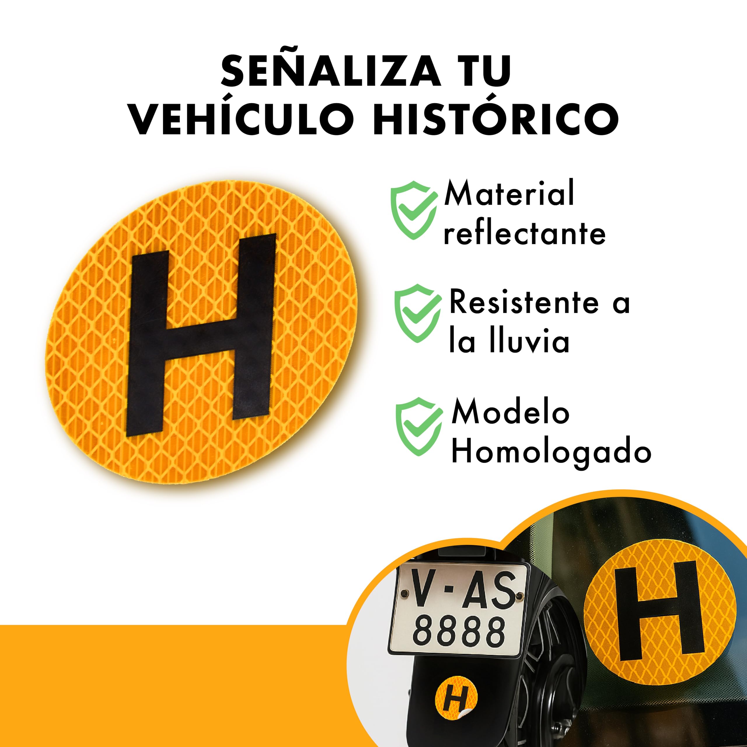 Pack x2 Señal H Para Pegar POR DENTRO del Parabrisas - Pegatina Vehiculo Historico Homologada en España para uso Interior/Exterior Reflectante Coche y Moto - Distintivo Vehiculo Historico - 3