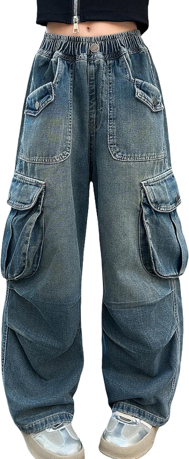 Happy Cherry Kids Girls Baggy Jeans Ripped Distressed Washed Casual Wide Leg High Waist Elastic Band Denim Pants