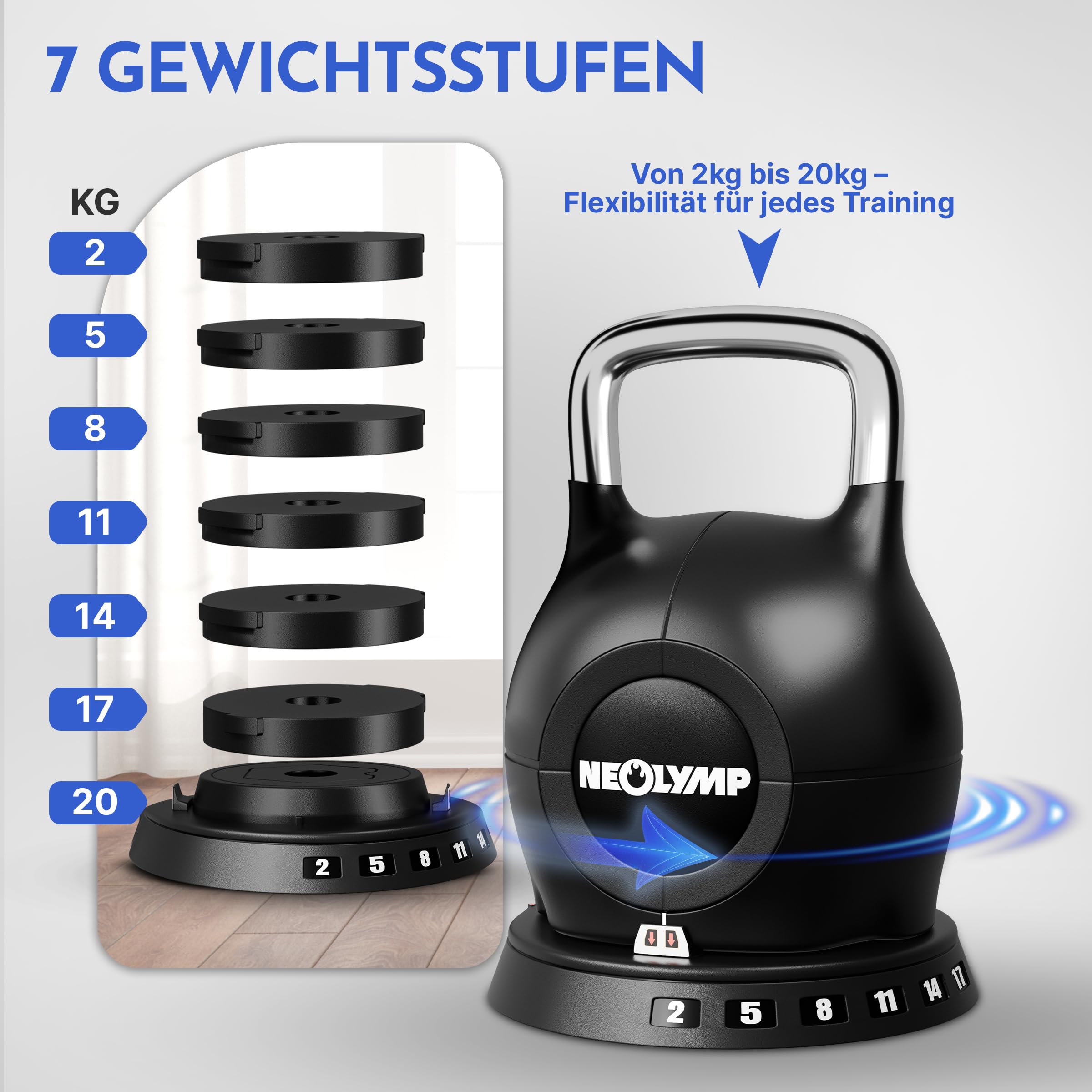 NEOLYMP Kettlebell Set 2-20 kg - 7-in-1 Kettlebell verstellbar für Ganzkörper-Workout Zuhause - Kugelhantel mit robustem Edelstahl-Handgriff für perfektes Schwungerlebnis