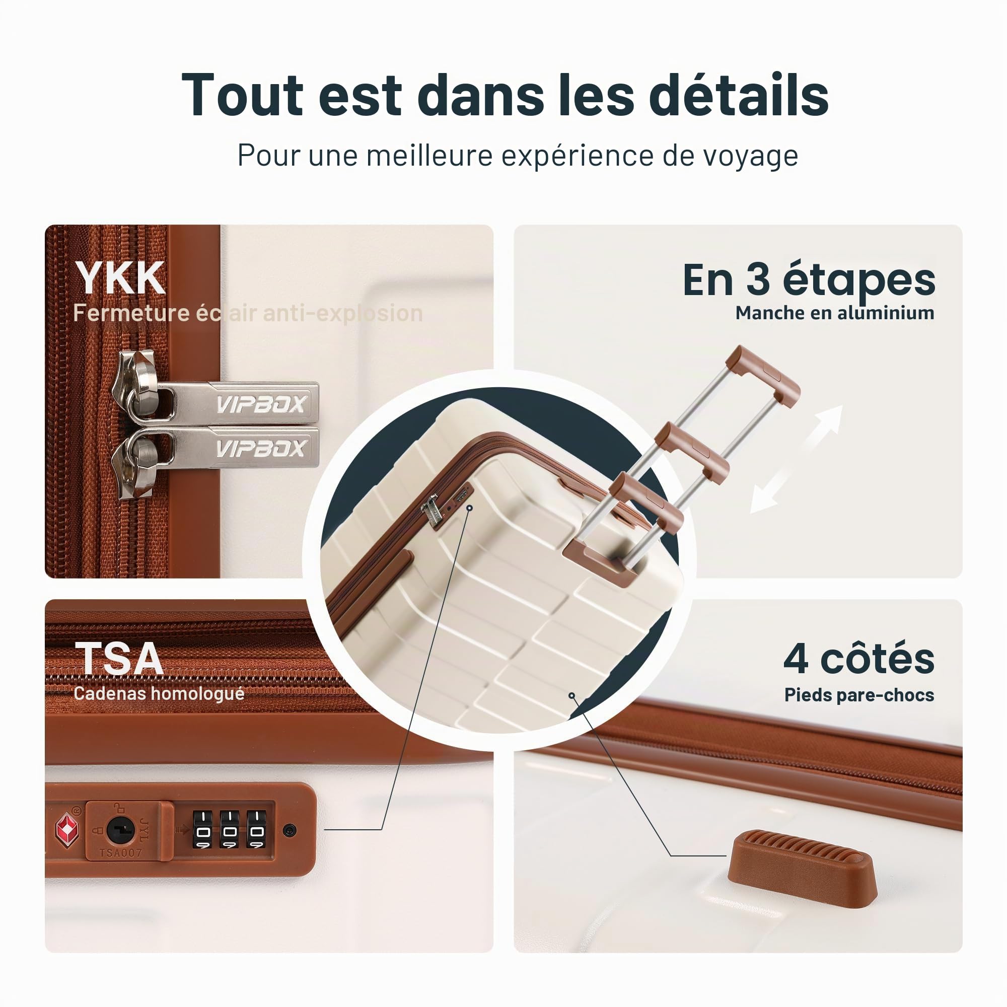 Vipbox Valise Set 3 Rigides (3 Ans DE Service VIP) Sets de Bagages Extensible Polycarbonate Ultra Legere et Durable Valise de Voyage Cabine avec Serrure TSA et 4 Roues, Blanc Élégan