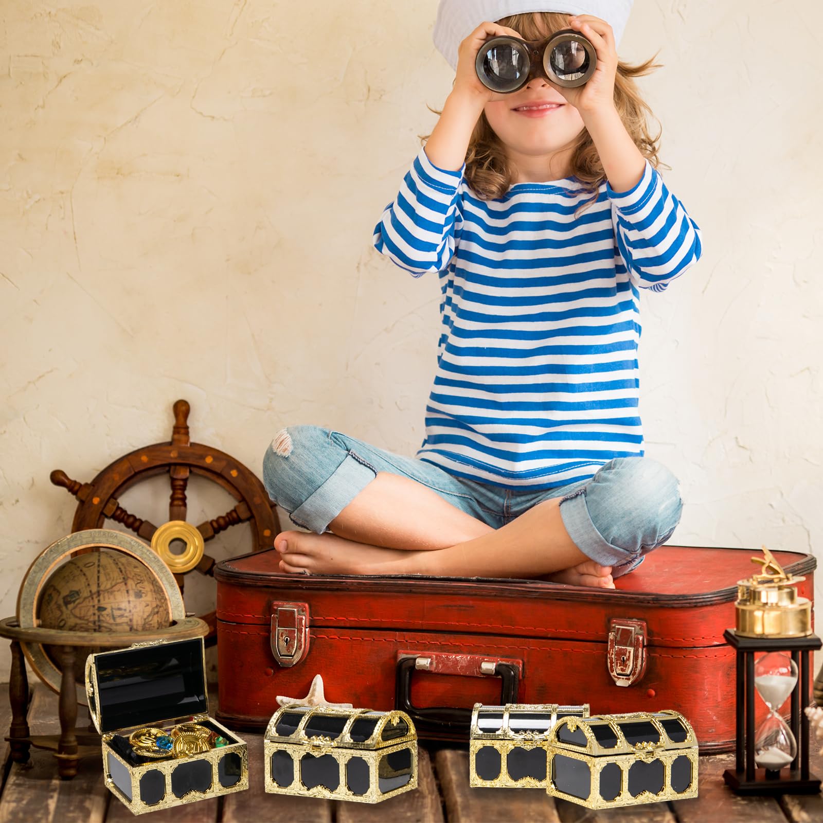 12 Pezzi Piccolo Scrigno Del Tesoro Forziere Pirati,12 Gemme per I Bambini e 12 Moneta Oro Plastica Scrigno Tesoro per Caccia Al Tesoro per Pirati Feste Compleanno