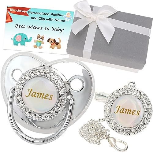 Chupete personalizado y clip para chupete con nombre, juego de clip para chupete dorado brillante con caja de regalo, tarjeta de felicitación,