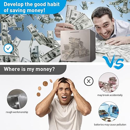 Miniatura 22 de Alcancía para adultos, hucha segura hecha de acero inoxidable, solo puede salvar la alcancía que no se puede sacar (7.9 pulgadas)