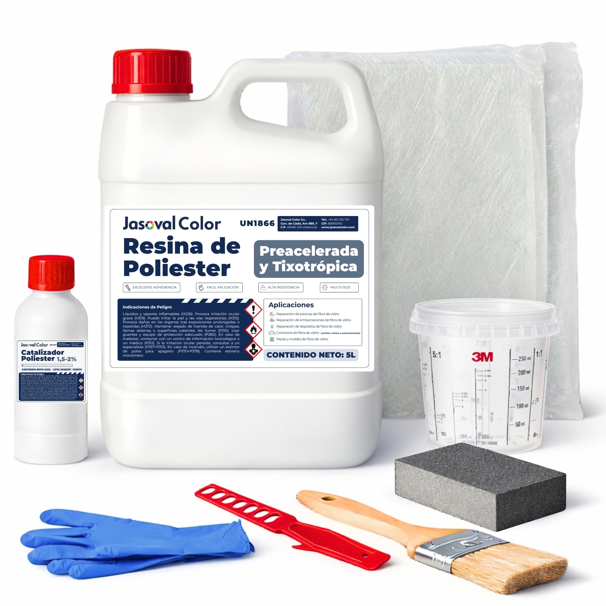 Resina de Poliéster 5 kg con Catalizador - Kit Completo con Fibra de Vidrio 5 m2 y Herramientas para Reparar Piscinas, Barcos, Carrocería y Piezas de Fibra de Vidrio