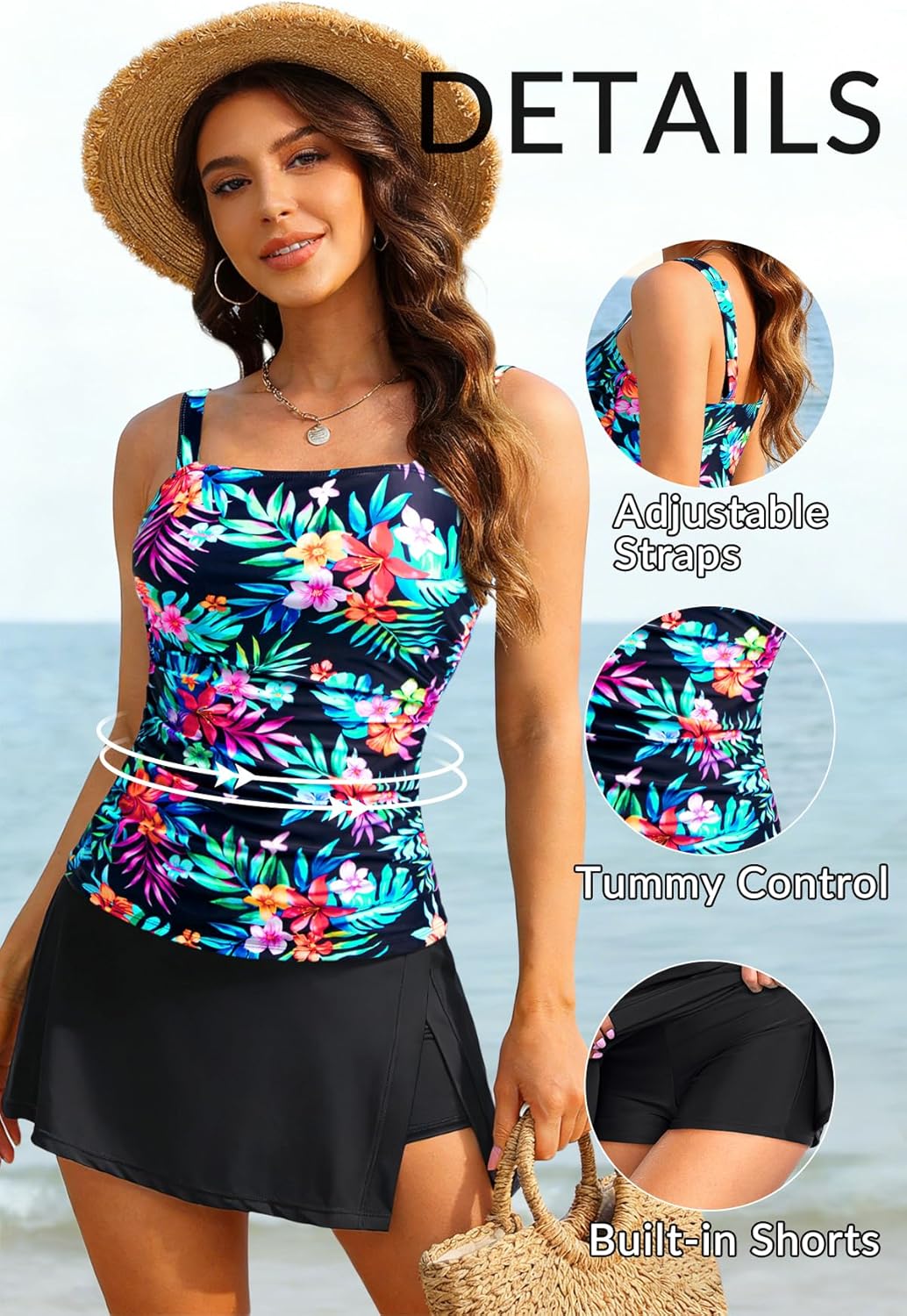 Womens Two Piece Tankini Bathing Suits with Skirt Tummy Control Swimsuits Ladies Swimwear - Image 5