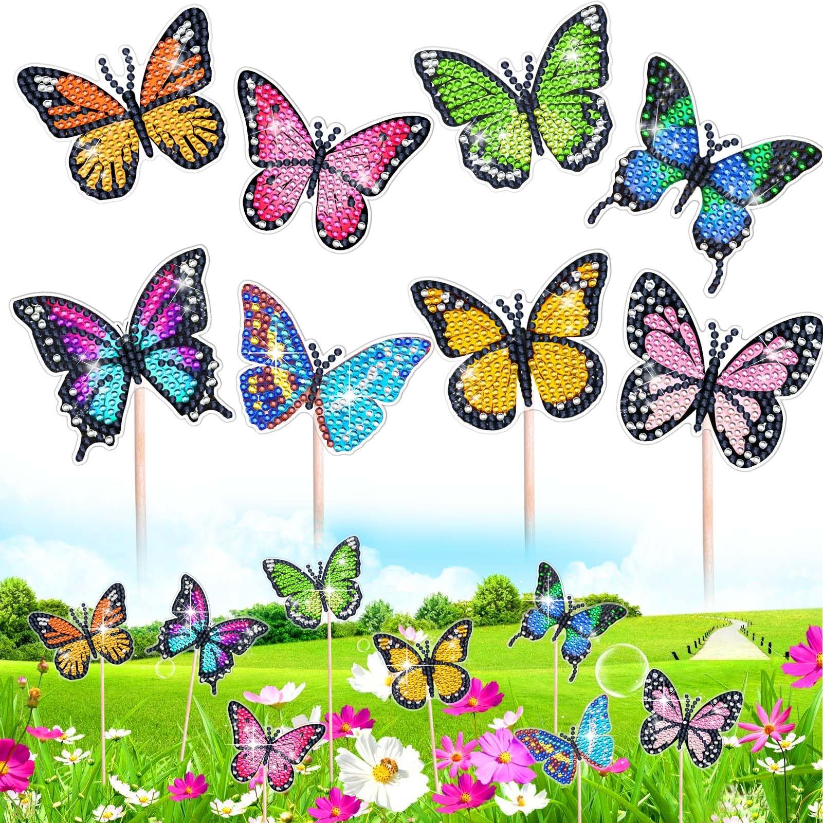 BABORUIDiamond Art, 8Pcs Butterfly Diamond Art Kits for Adults Kids, Butterfly Stakes Diamond Art Supplies for Indoor Outdoor Garden Yard Decoration
