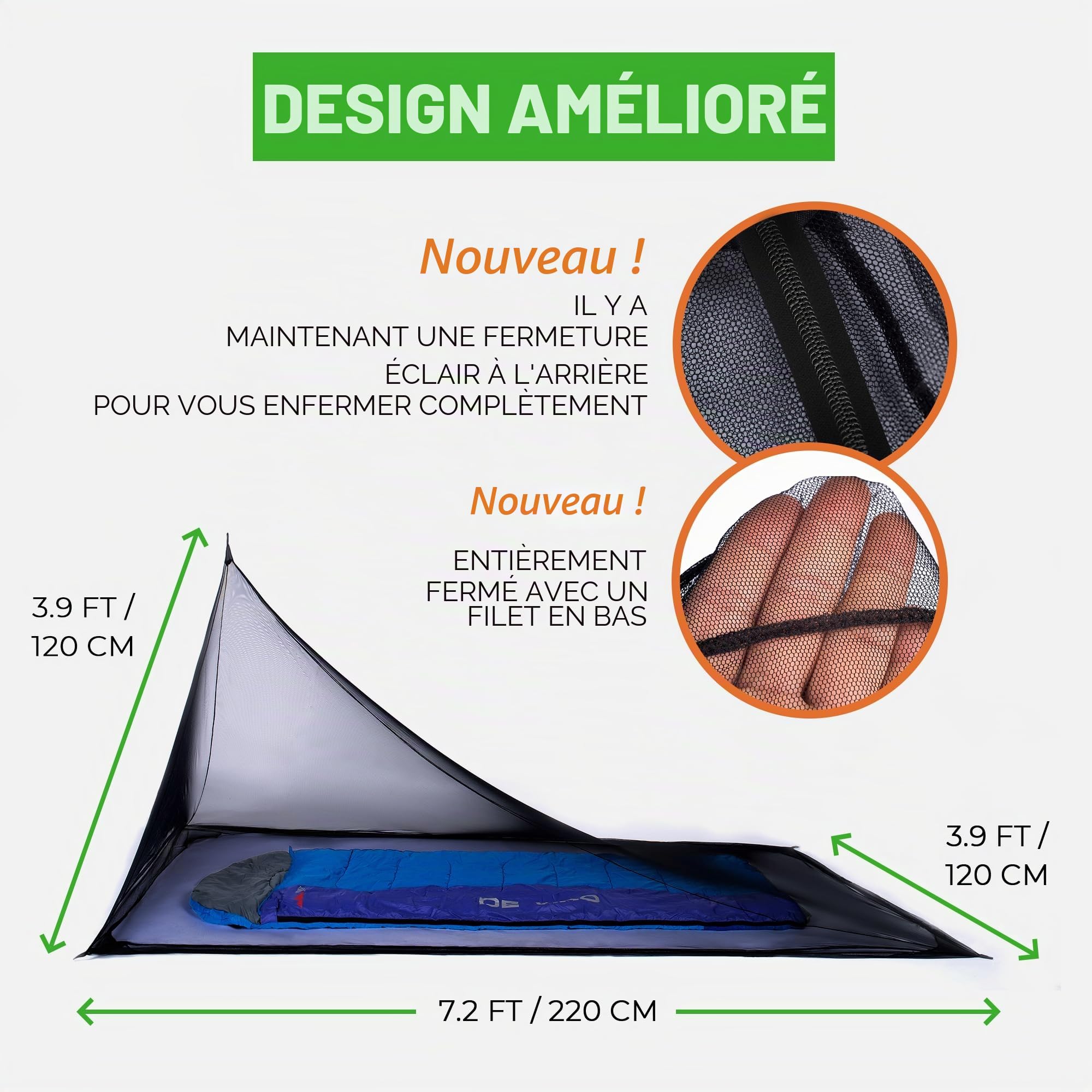 MEKKAPRO Moustiquaire pour Lit De Camping avec Sac de Transport, Compact et Léger, Moustiquaire Lit Camping Convient aux Sacs de Couchage, Lits et Tentes, 220 cm x 120 cm x 120 cm (1 Place)
