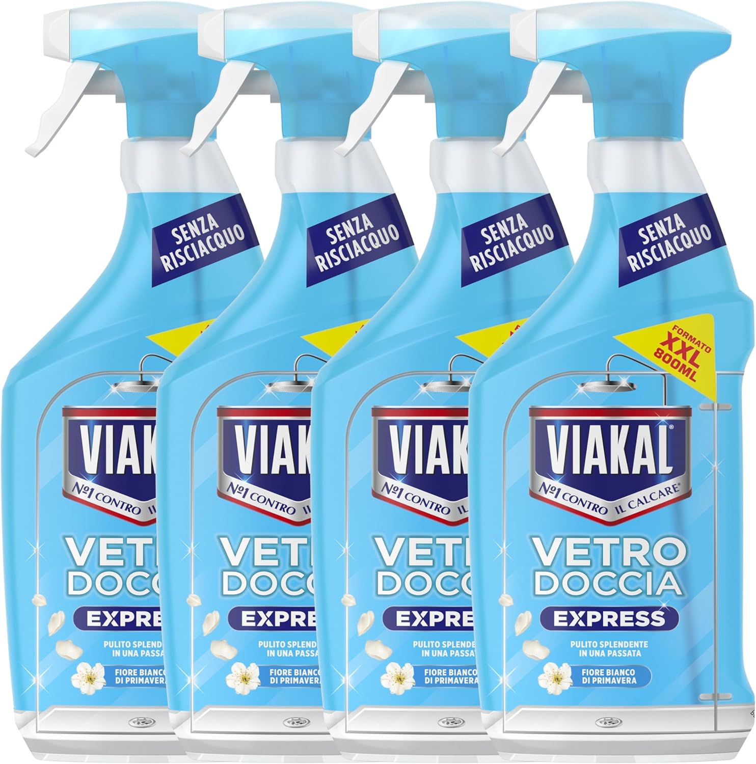 Viakal Vetro Doccia Express Spray, Fiori bianchi, Senza Risciacquo, Pulizia scintillante in una sola passata, 4x800ml