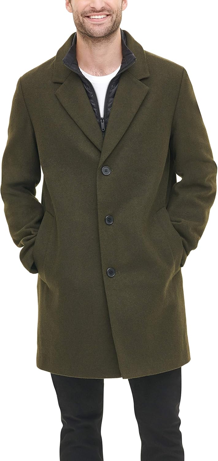 DKNY mens Wool Blend Coat With Removable Quilted Bib