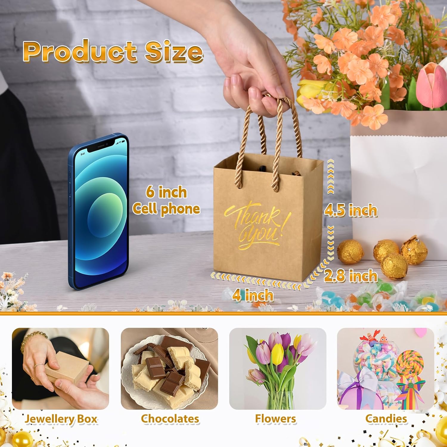 KPOSIYA Mini Gift Bags with Handles, 35pcs Small Gift Bags, 4 x 2.75 x 4.5 Brown with Tag for Christmas, Thanksgiving Party Favors - Image 4