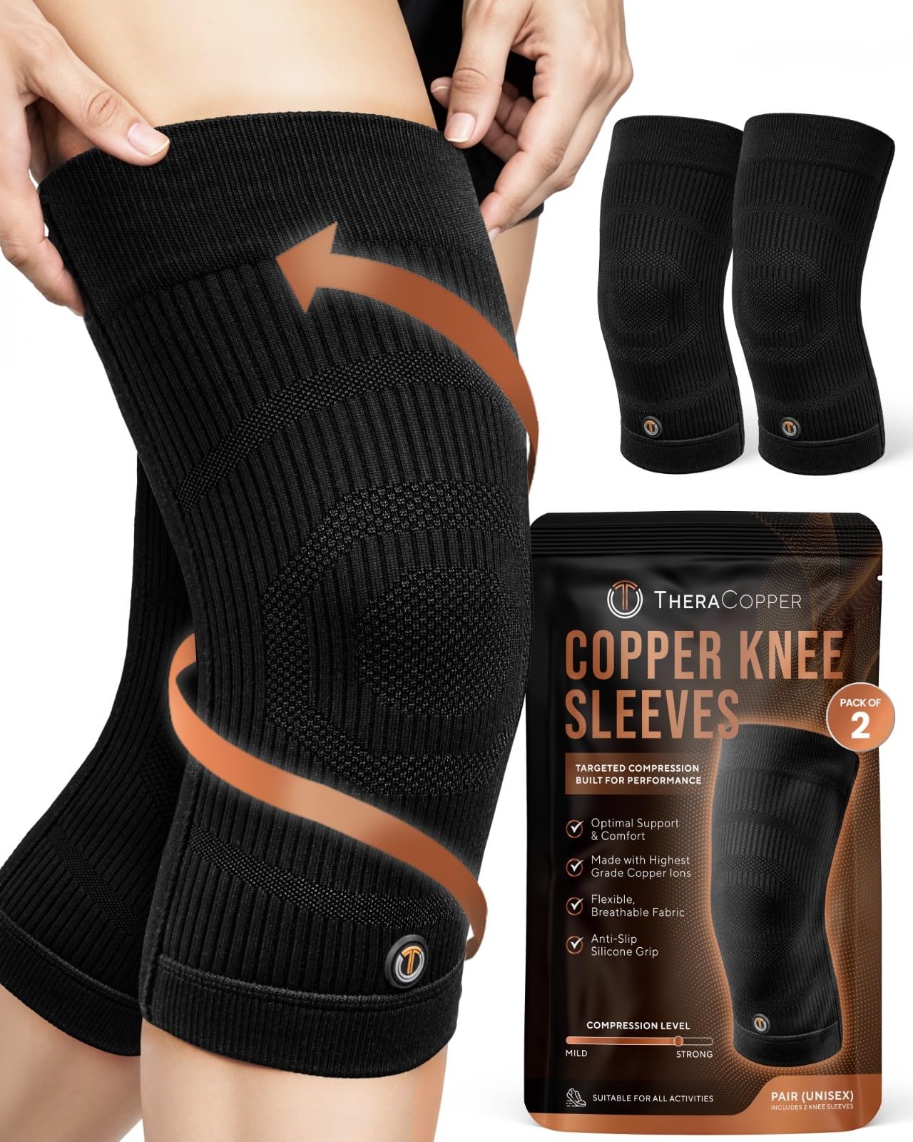TheraCopper Copper Knee Brace for Men & Women (2 Pack) — Non-Slip Compression Copper Knee Sleeve for Arthritis, Knees Pain Relief, Swelling, Anti