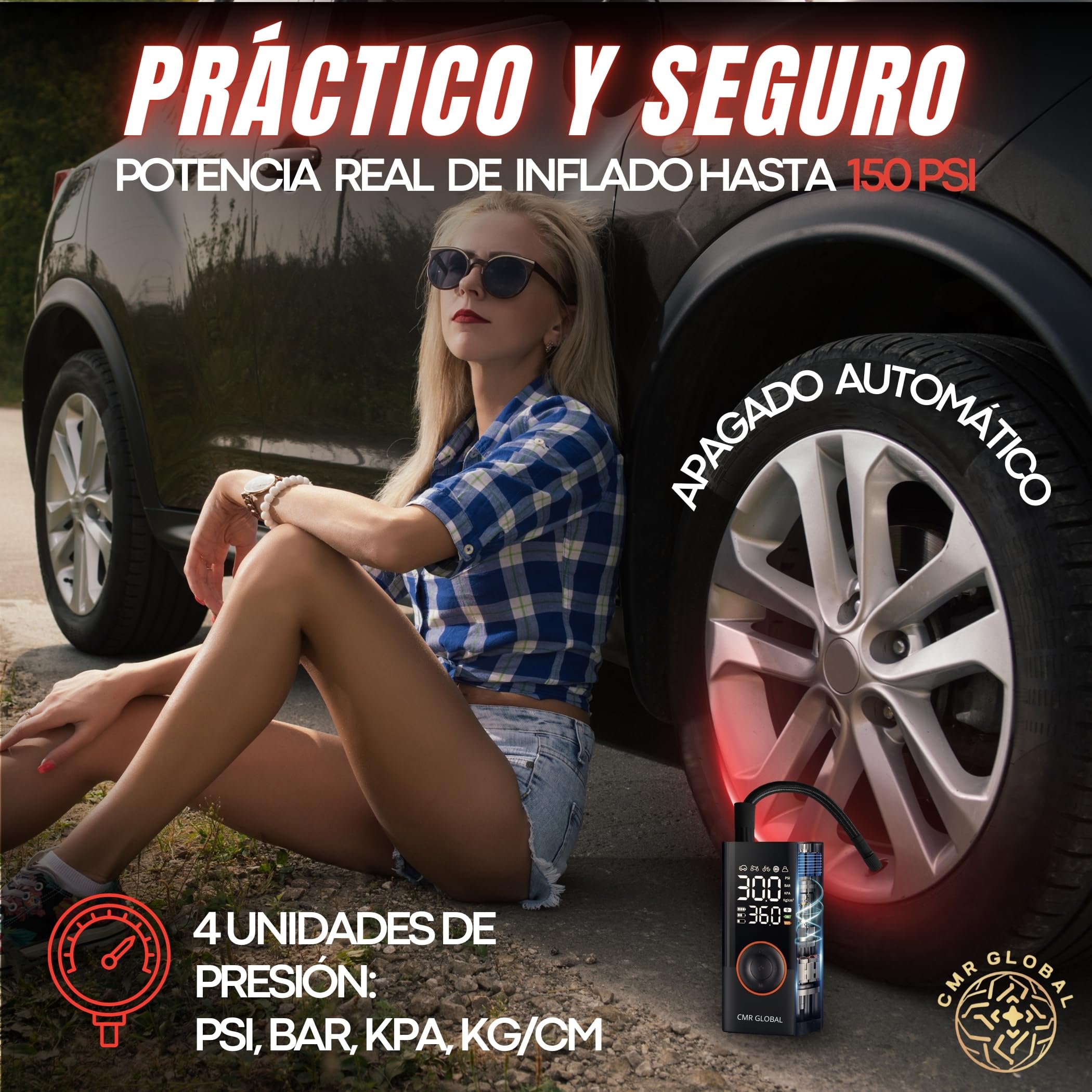 SUPER PRO Compresor Aire Portatil. Inflador Ruedas Coche. Inflador Eléctrico con Linterna 150 PSI para Coche Moto Bicicleta Pelota. Hinchador eléctrico Batería Recargable 4000 mAh. Viaje Emergencia