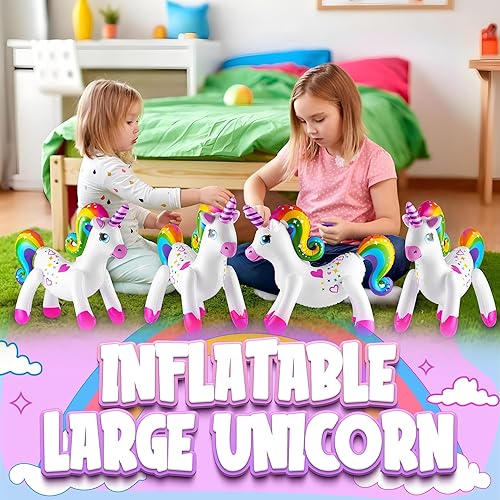 Miniatura 2 de Unicornio inflable  Paquete de 4 unicornios grandes de arcoíris inflables de 24 pulgadas para decoración de fiesta de cumpleaños temática de