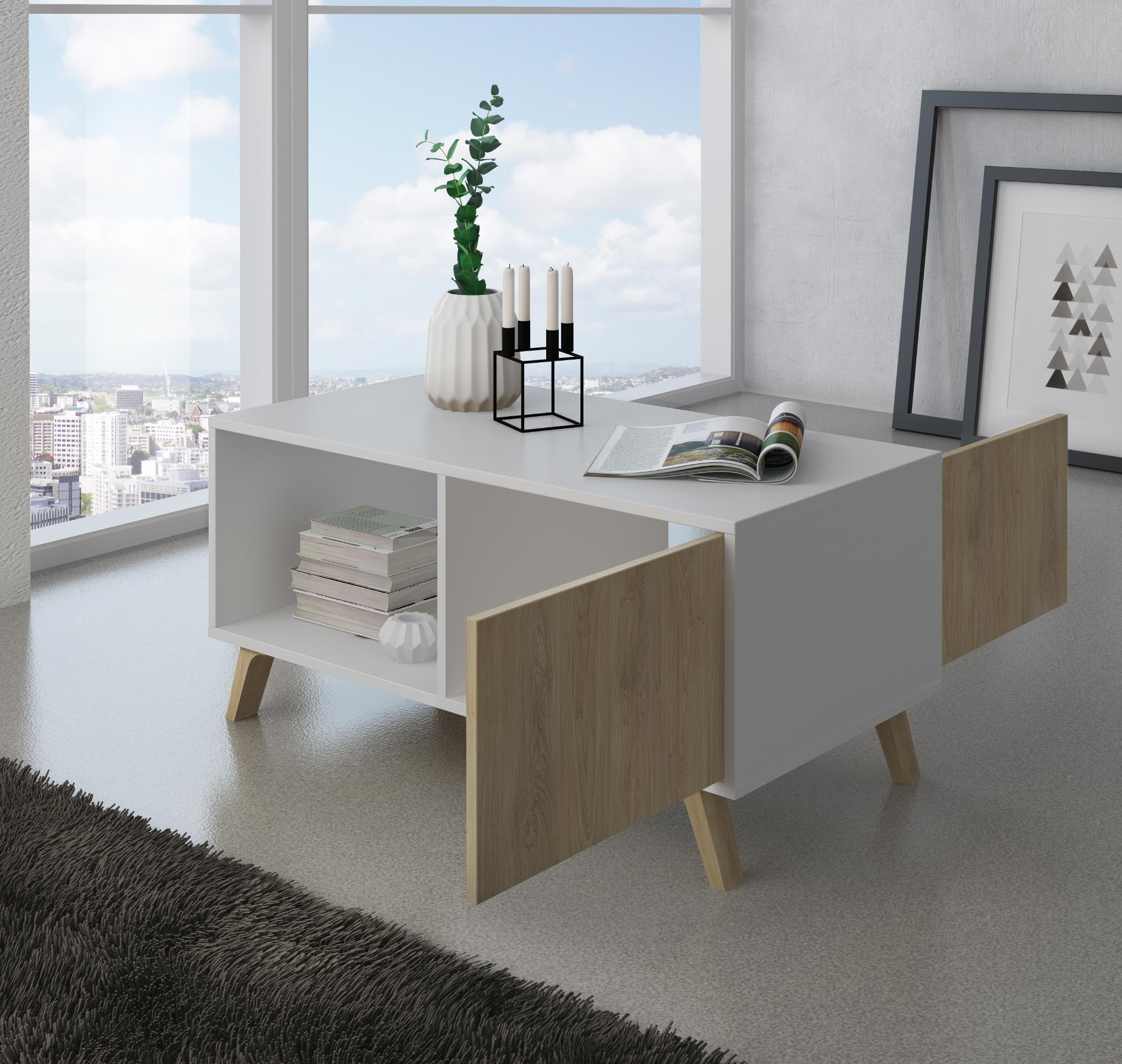 Skraut Home | Ensemble Buffet + Meuble TV + Table Basse pour Salon | Modèle Wind | Ensemble Salle à Manger | Structure Résistante | Montage Facile | Finition Blanc/Puccini