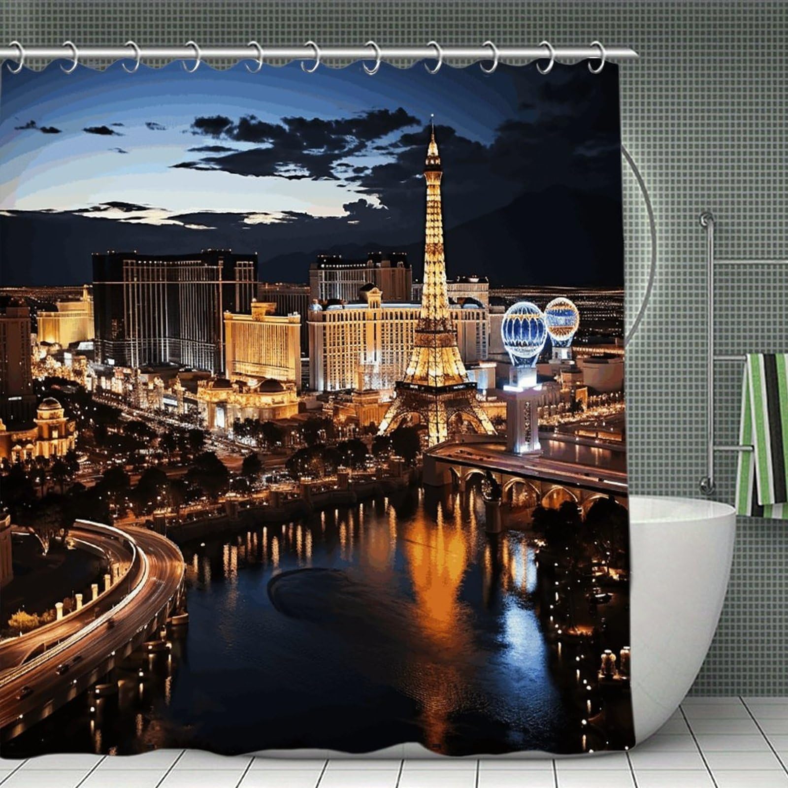 VstaDank Las Vegas Night View Shower Curtain Waterproof Bathroom Curtain with Hooks Luxury Weighted Bath Curtains for Bathtubs Showers Room Dividers Decorative Shower Curtains 71x71 in