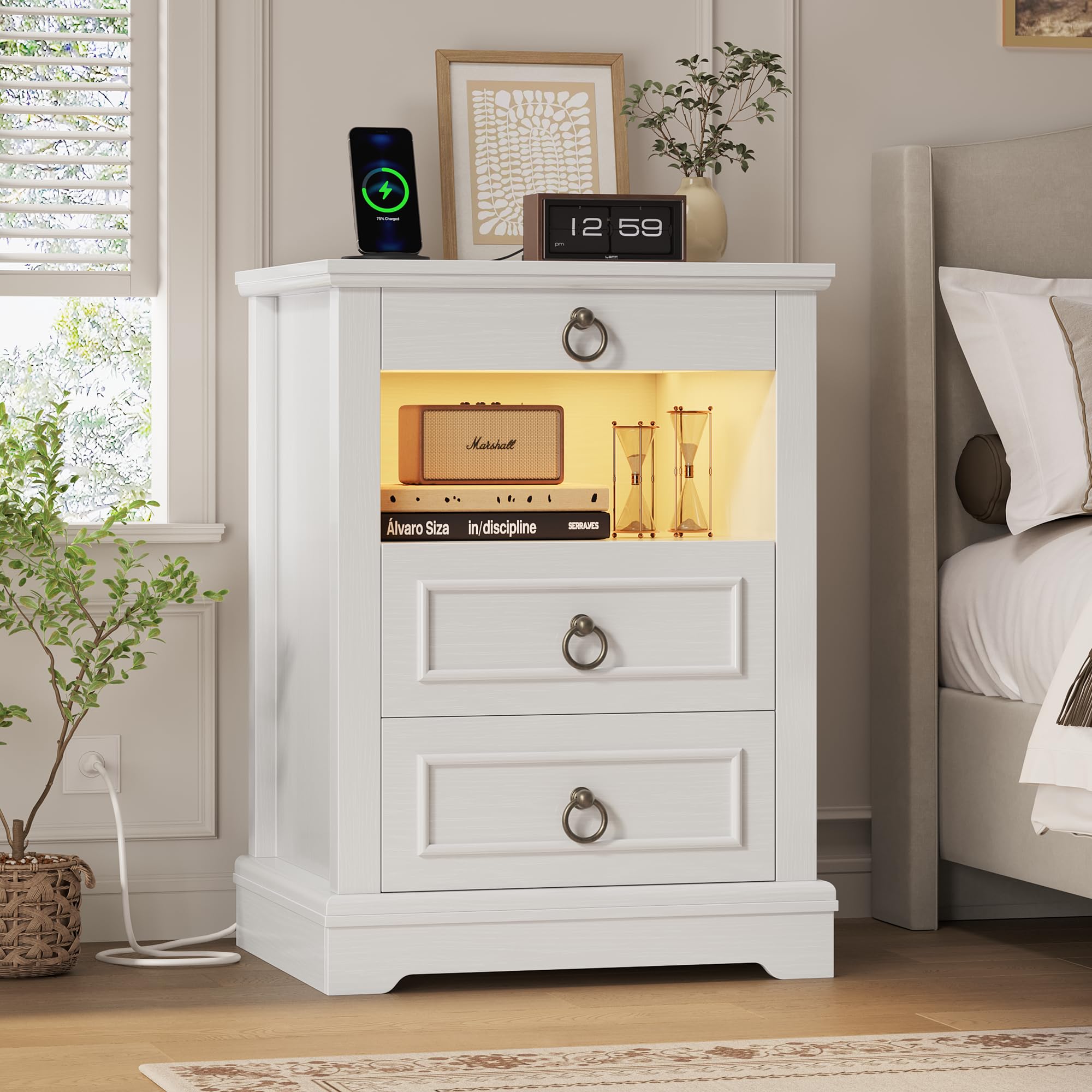 Amazon.com: HOSTACK White LED Nightstand with Charging Station, 3