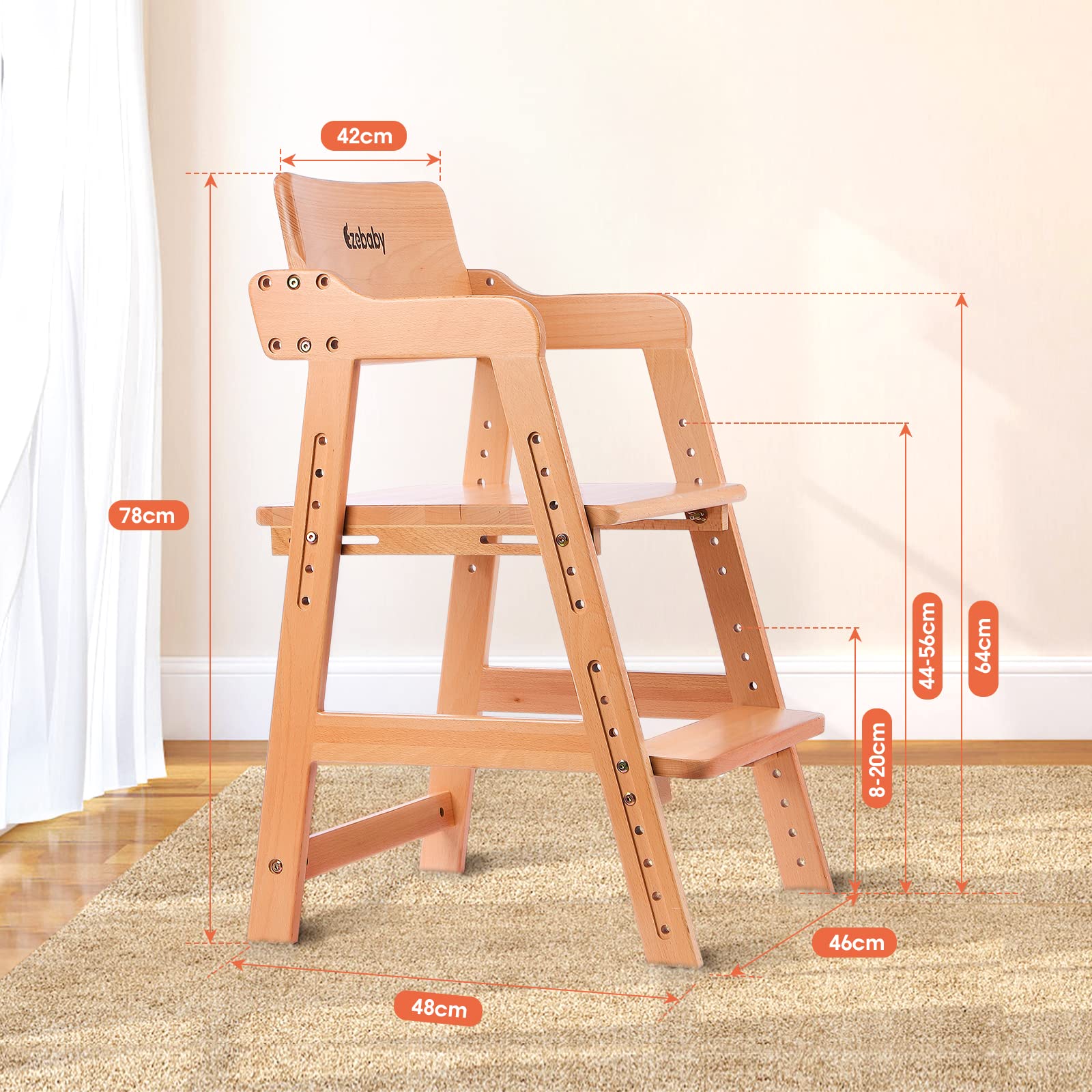 Ezebaby Hochstuhl, höhenverstellbarer Holzhochstuhl für kinder von 3 bis 12 Jahren Buchenholz Kinderstuhl, Lehrstuhl, Stabil & Sicher bis 90 kg für Kinder und Erwachsener (Natur)