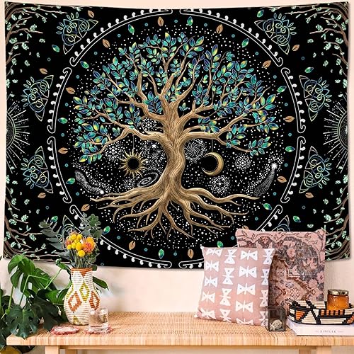 Miniatura 3 de Faxdong Tapiz de árbol de la vida, arte estético retro, sol, luna, estrella, hojas, tapices para dormitorio, decoración de fondo de naturaleza,