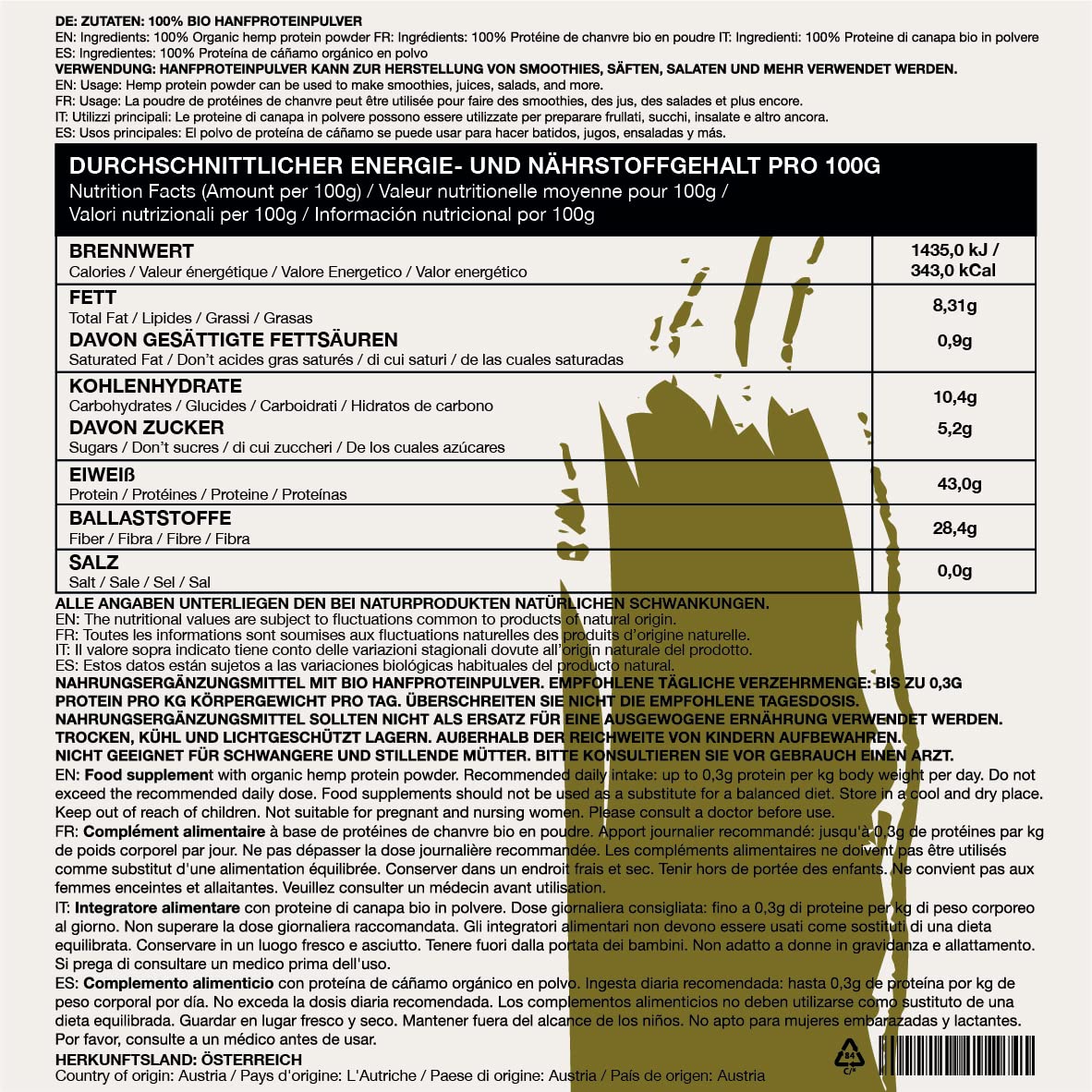 BIO Hanfproteinpulver (2kg), 43% Protein, Hanfprotein, Gemahlene Hanfsamen aus biologischem Anbau, 100% Natürlich und rein, Vegan Protein