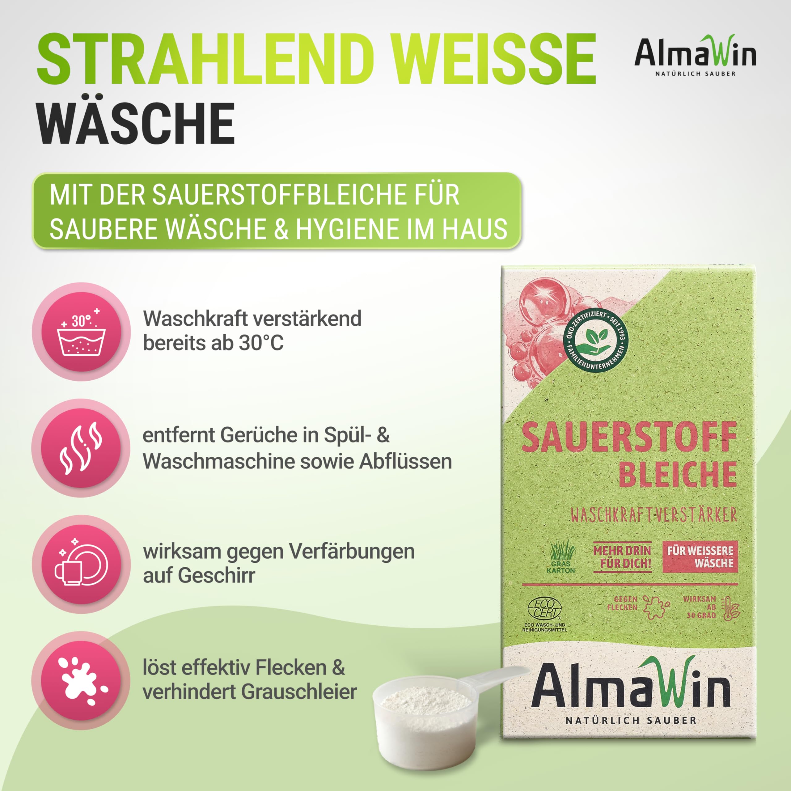 AlmaWin® Sauerstoffbleiche Pulver [6x 400g] für strahlend weiße Wäsche ab 30°C, gegen Gerüche & Verfärbungen - Aktivsauerstoff Bleichmittel für Abfluss, Spül- & Waschmaschine