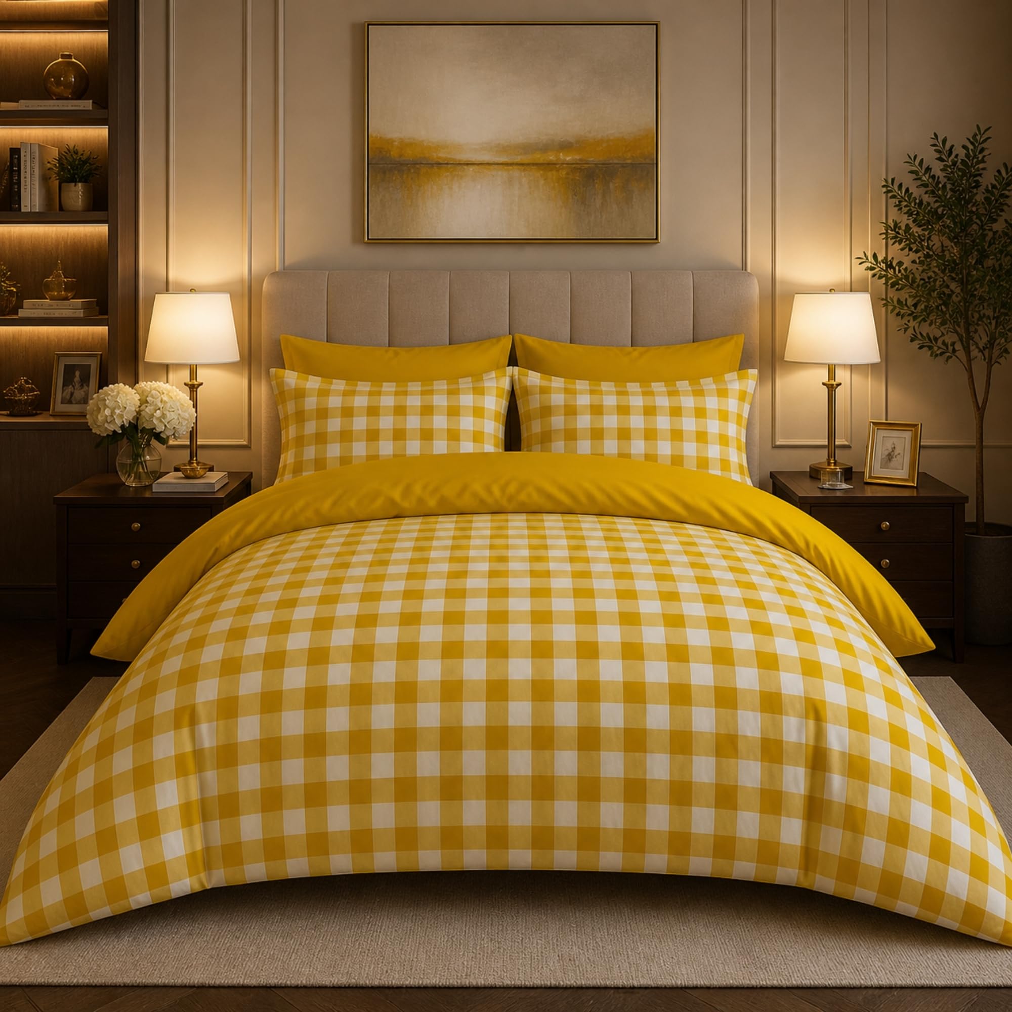 Dolce Vari Gingham Moor Check Microfibre Duvet Cover Set – Reversible Checked Quilt Cover with Matching Pillowcases – Soft, Lightweight Bedding Set – Easy-Care & Durable (OCHRE, Single)