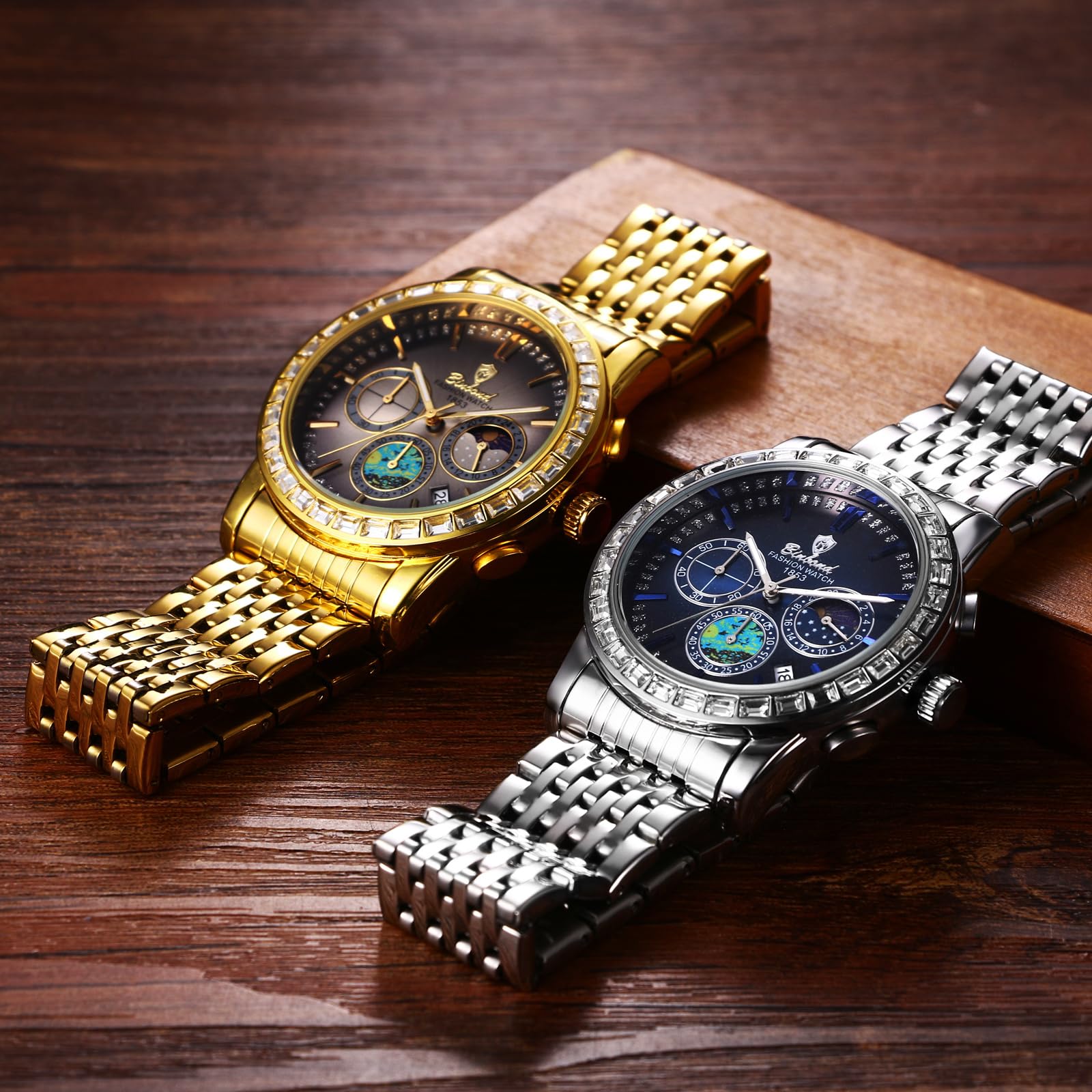 JewelryWe Zegarek męski, świecący zegarek chronografowy: 2 szt. 30 wodoszczelny kalendarz, analogowy, kwarcowy, męski, pasek ze stali nierdzewnej, wielofunkcyjny zegarek ze świecącymi wskazówkami