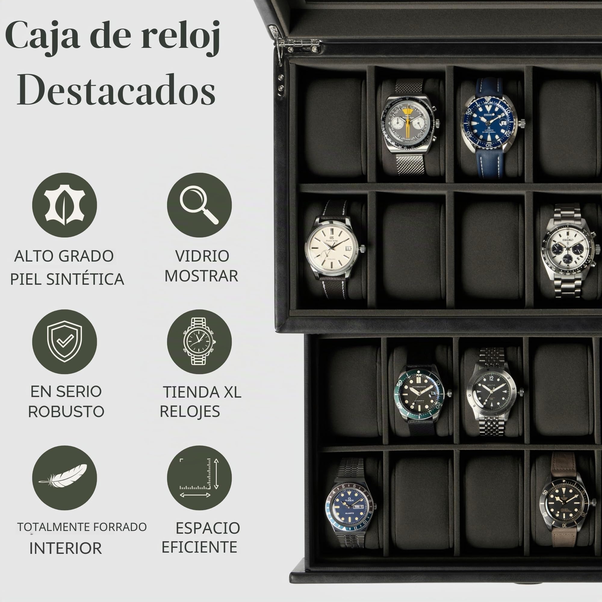 TAWBURY Caja de reloj para hombre – Caja de reloj extragrande con 24 ranuras y pantalla de cristal auténtico, cajón extraíble y cojín de 5 cm de ancho para relojes grandes (negro/antracita)