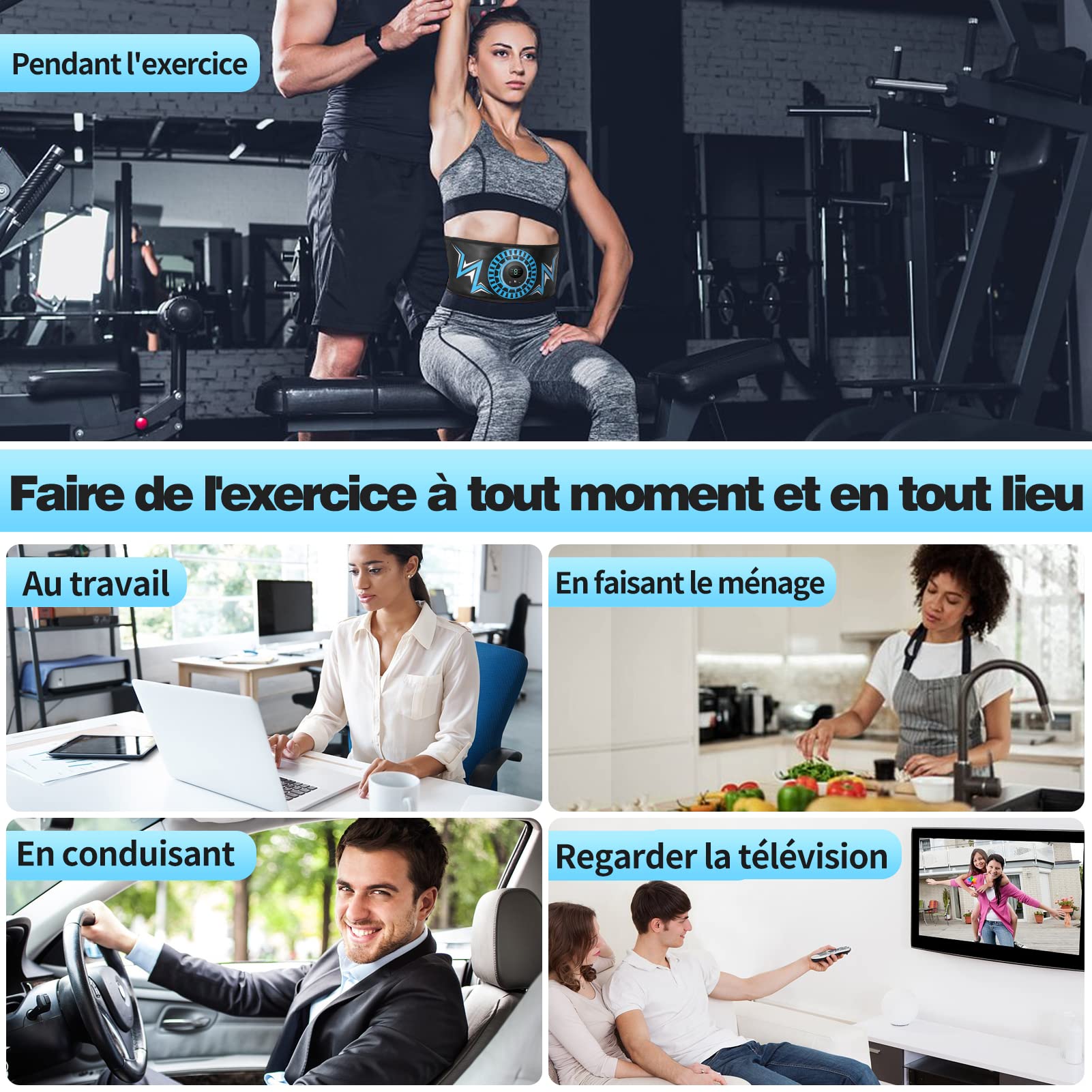 Ceinture Abdominale Electrostimulation, Appareil Electrostimulation Abdominale, Electrostimulateur Musculaire, Cuir de Première Qualité, 6 Modes & 9 Intensités, Ajout de Ceinture d'extension