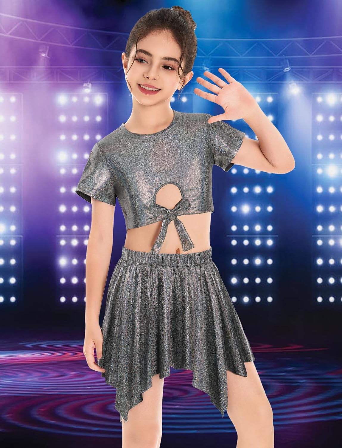 2025 Girls Sparkly Top Tie Front Knot Crop Top Sequin with Handkerchief Hem Skirt Metallic Performance Kids 4-14T - Image 3
