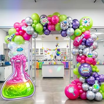 Lofaris 119 Pcs Science Party Decorations Set, School Lab Week Supplies with Chemistry Balloon Arch, Flask Banner, Photo Booth Props for STEM Classroom Birthday Decor